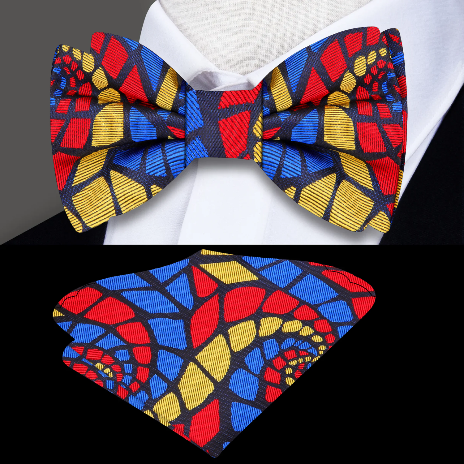 Red Blue and Yellow Abstract Bow Tie and Pocket Square||Red, Blue