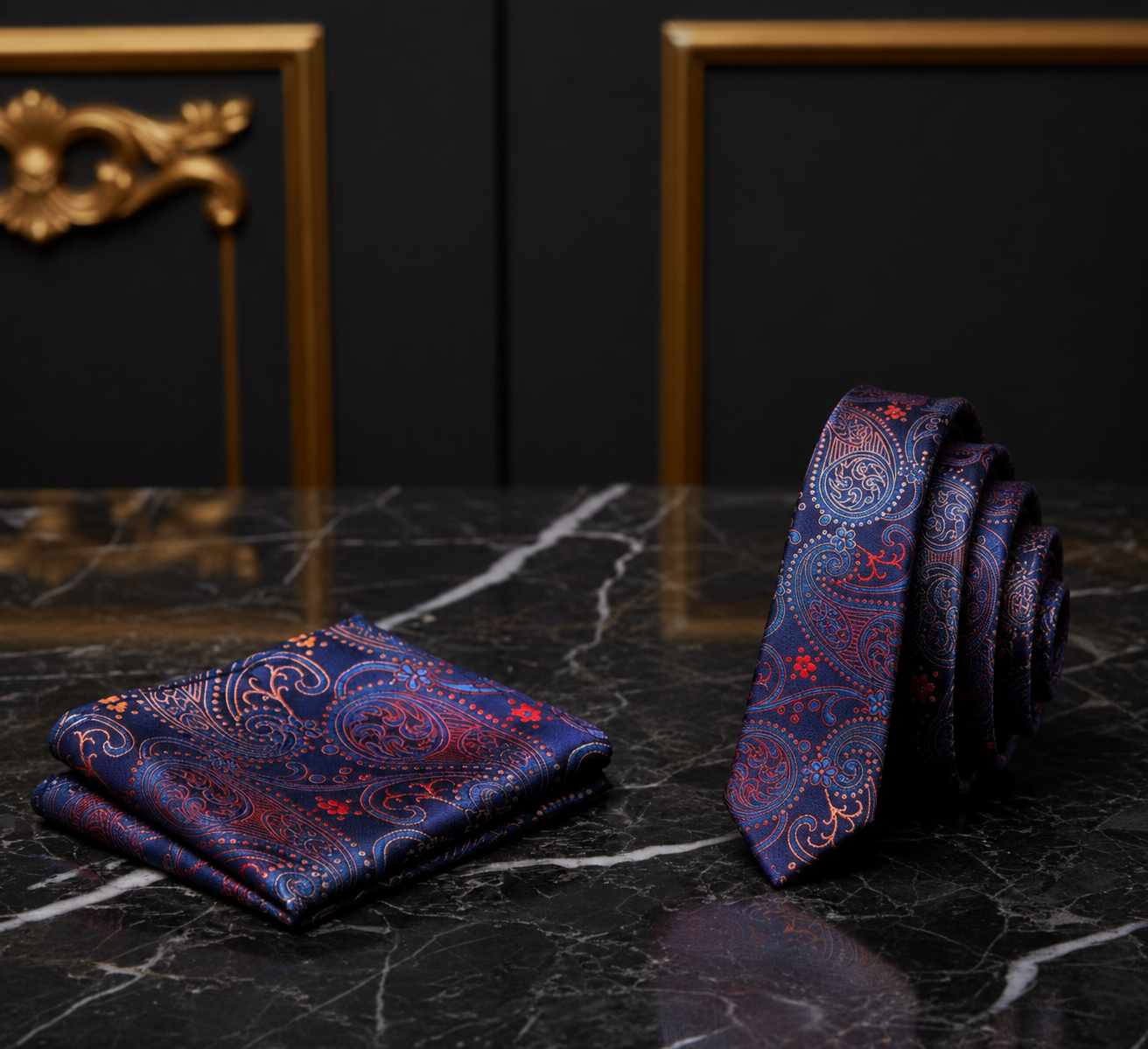 A men's necktie and matching pocket square set with an intricate paisley pattern in navy blue, burgundy, and gold, displayed on a black marble surface.