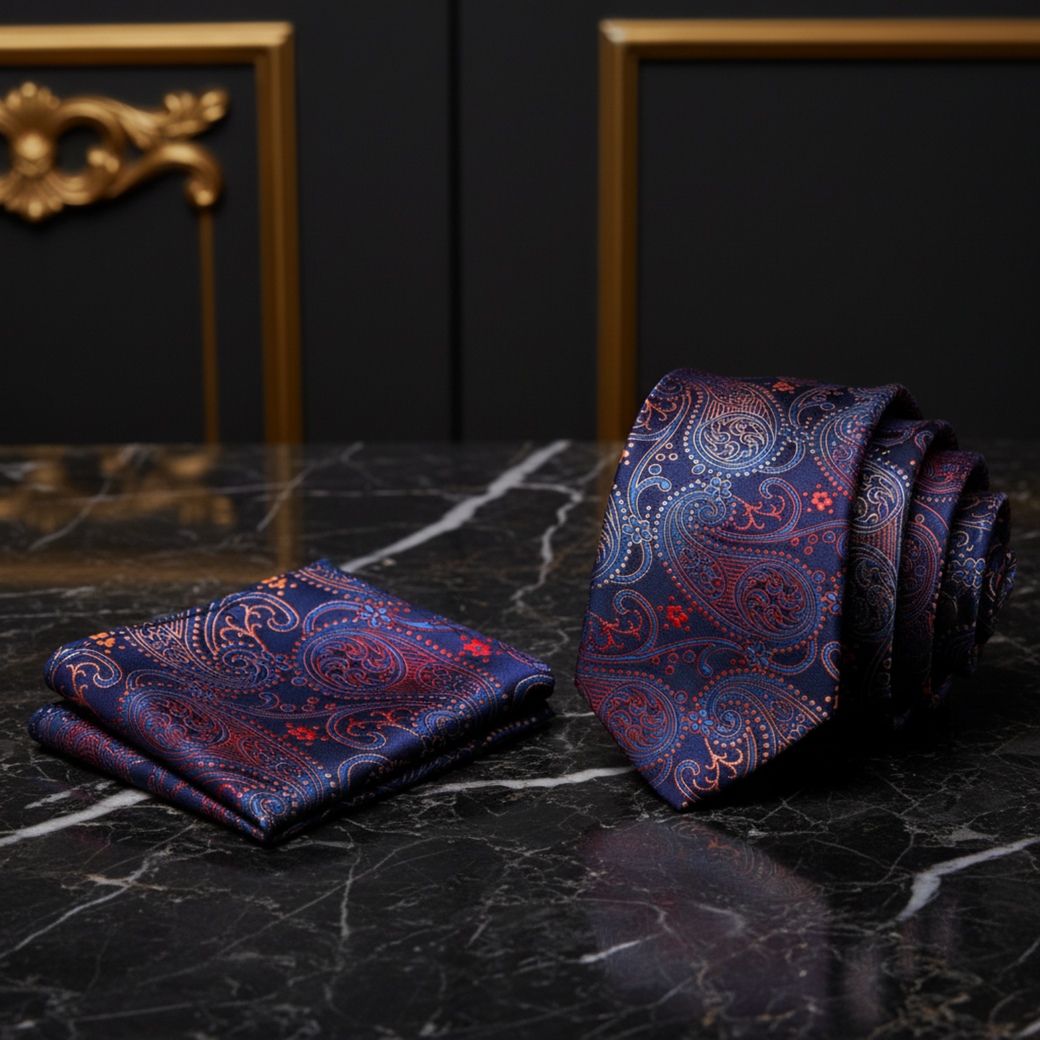 Navy blue paisley tie and matching pocket square on a white background