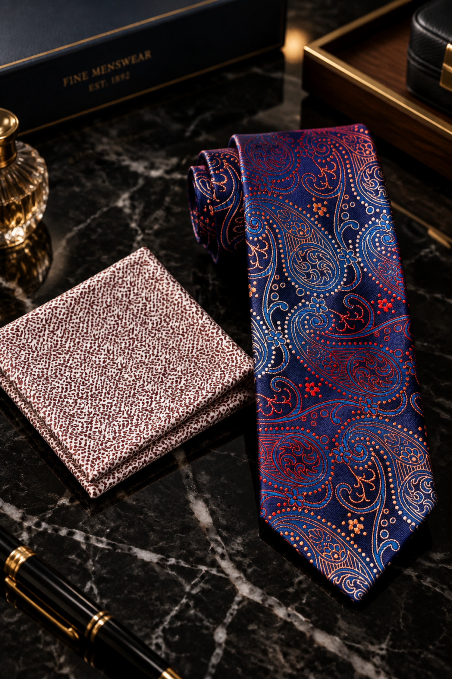 A men's necktie and matching pocket square set on a white background. The necktie features a dark navy blue paisley pattern with red, orange, and gold accents.