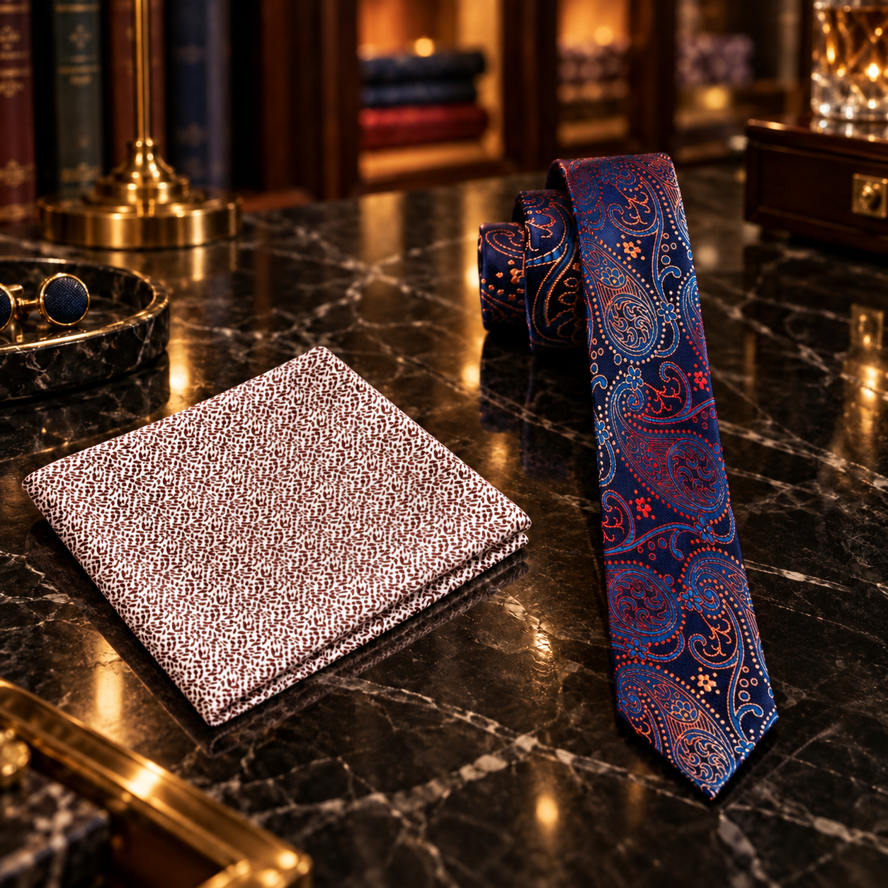 A matching men's accessory set featuring a paisley necktie and a textured pocket square on a polished black marble countertop. The pocket square has a dense micro-pattern in beige and dark brown, while the tie features a classic paisley design in deep blue, burgundy, and gold.