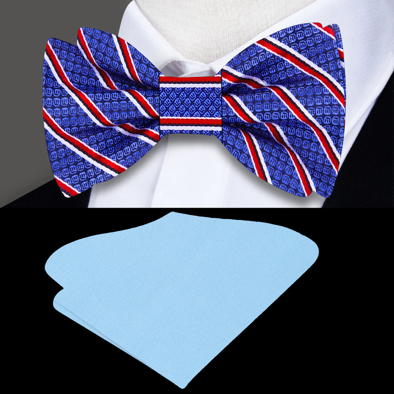 Blue bow tie with red and white stripes and a light blue pocket square on a black background