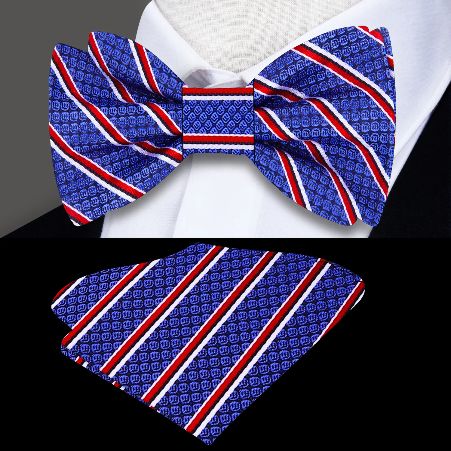 Blue, red, and white striped bow tie and pocket square set on a black background.