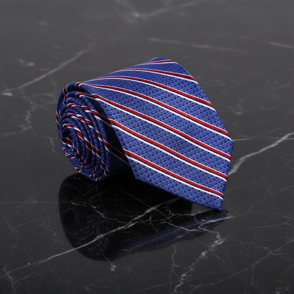 Blue striped tie on a dark marble surface