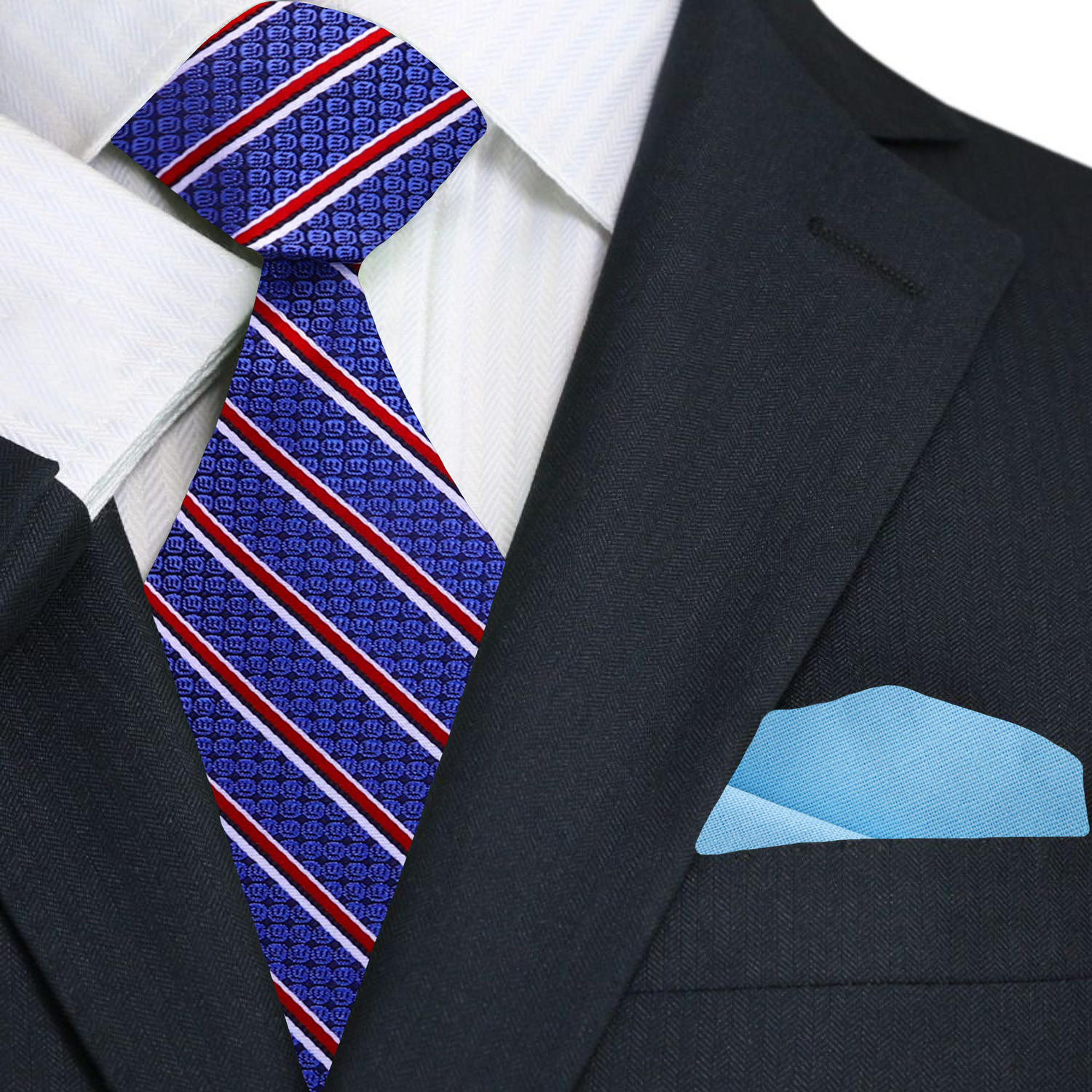 Blue patterned tie with red stripes on a suit jacket with a blue pocket square.