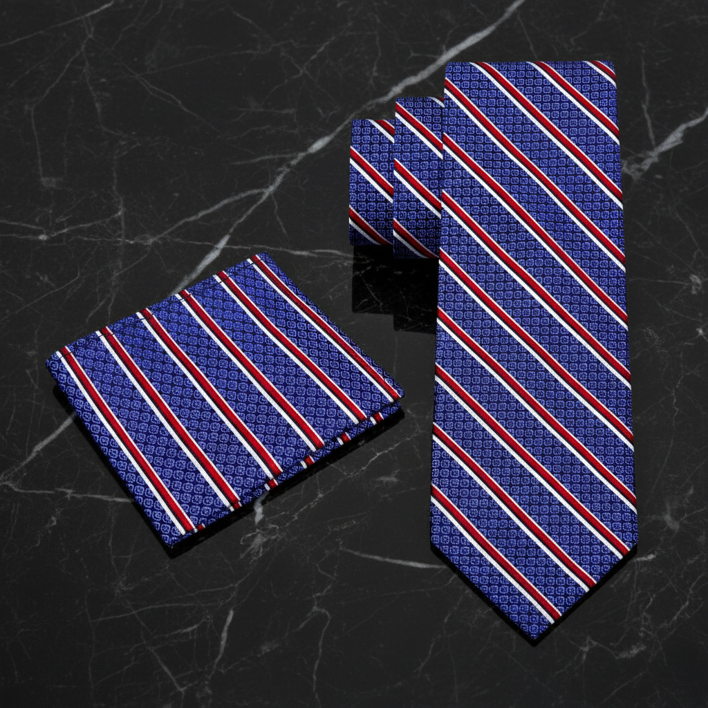 Blue and red striped tie and pocket square on a dark marble background
