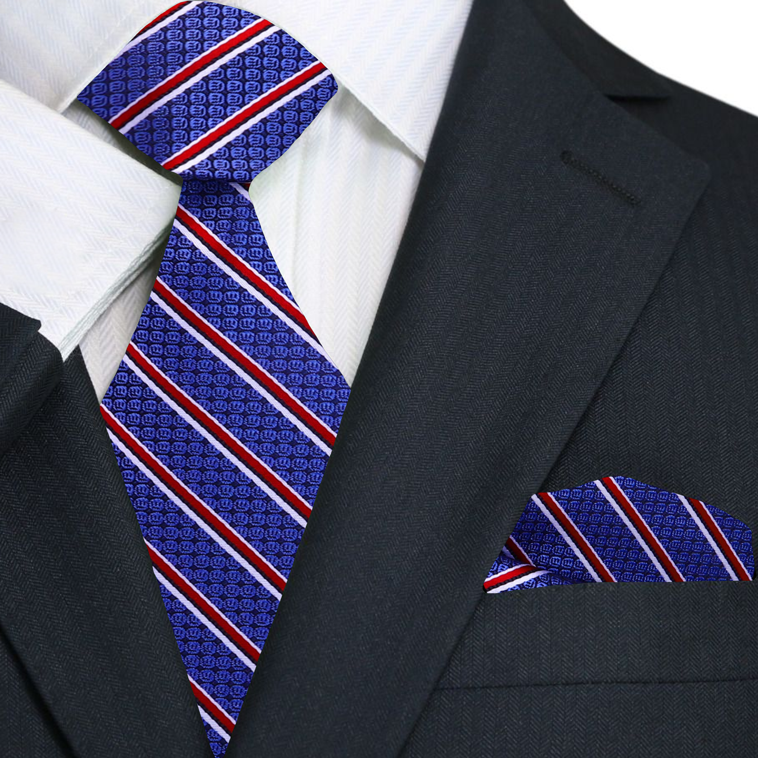 Navy suit with a blue tie and matching pocket square