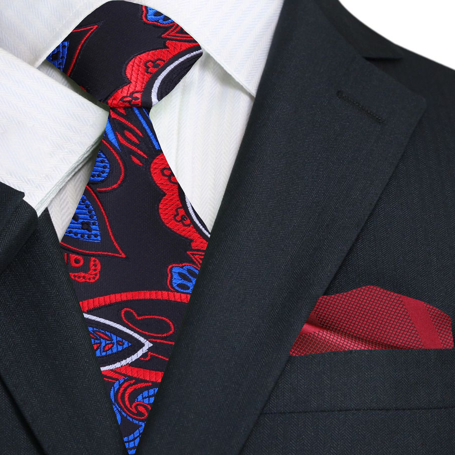 Premium Black, Red, White, Blue Paisley With Red Stripe Pocket Square