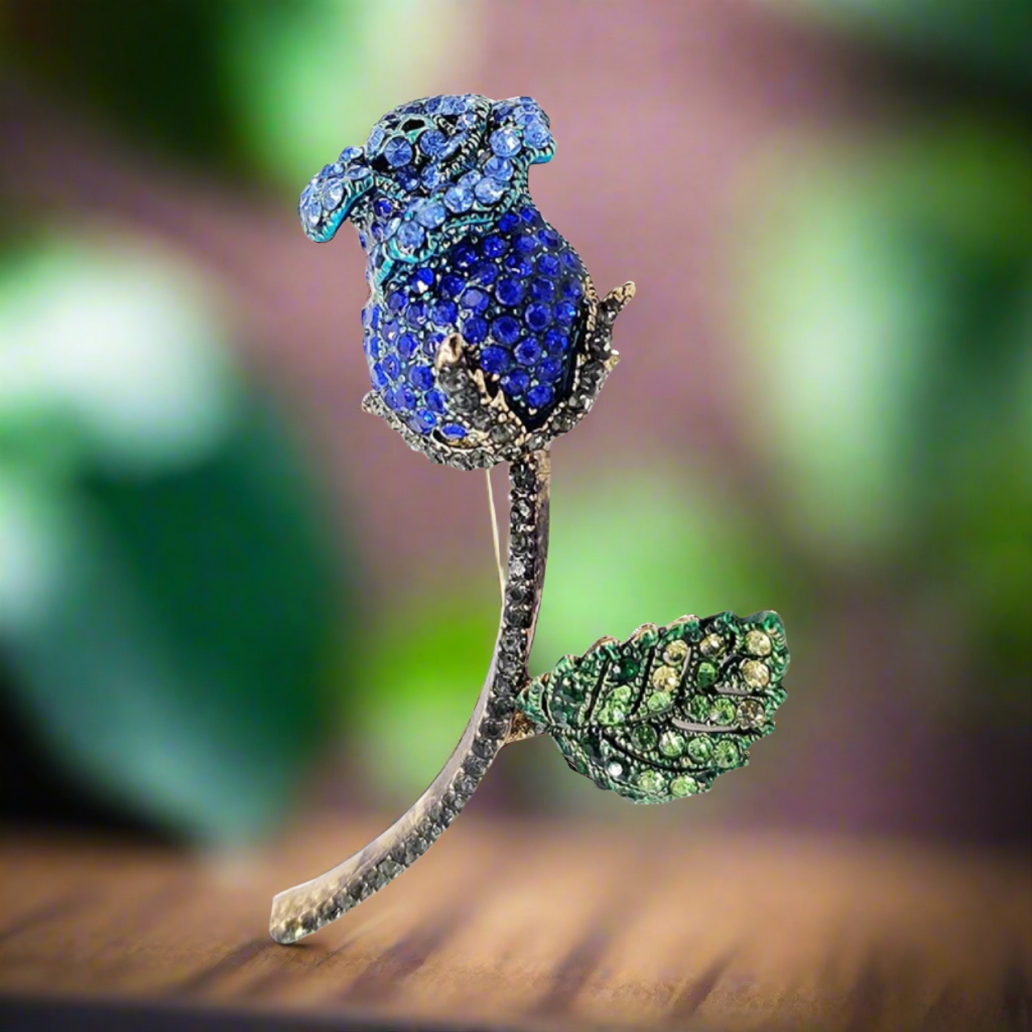 Blue Rose with Green Leaf Stones Lapel Pin