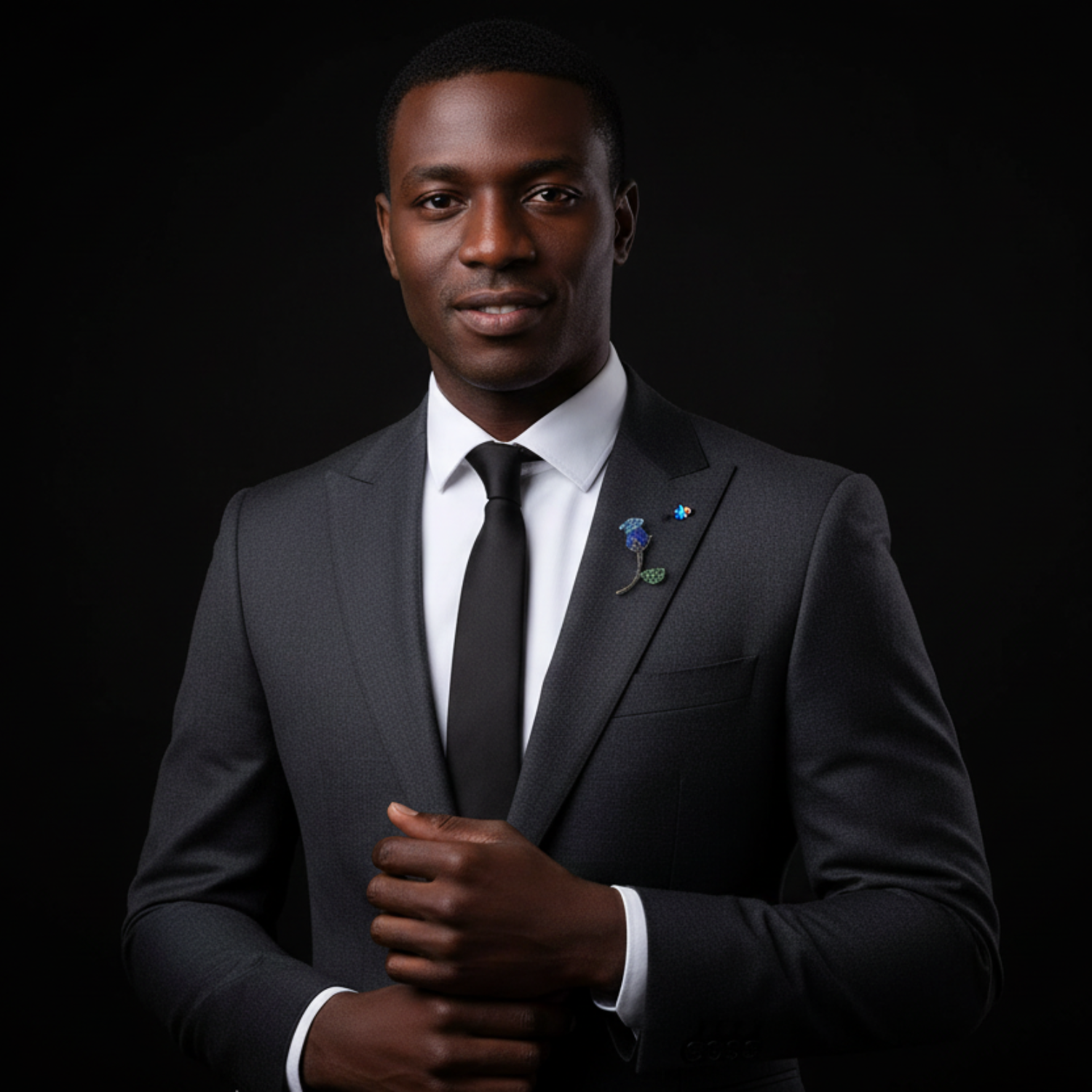 Man in a gray suit with a black tie and a decorative lapel pin against a black background
