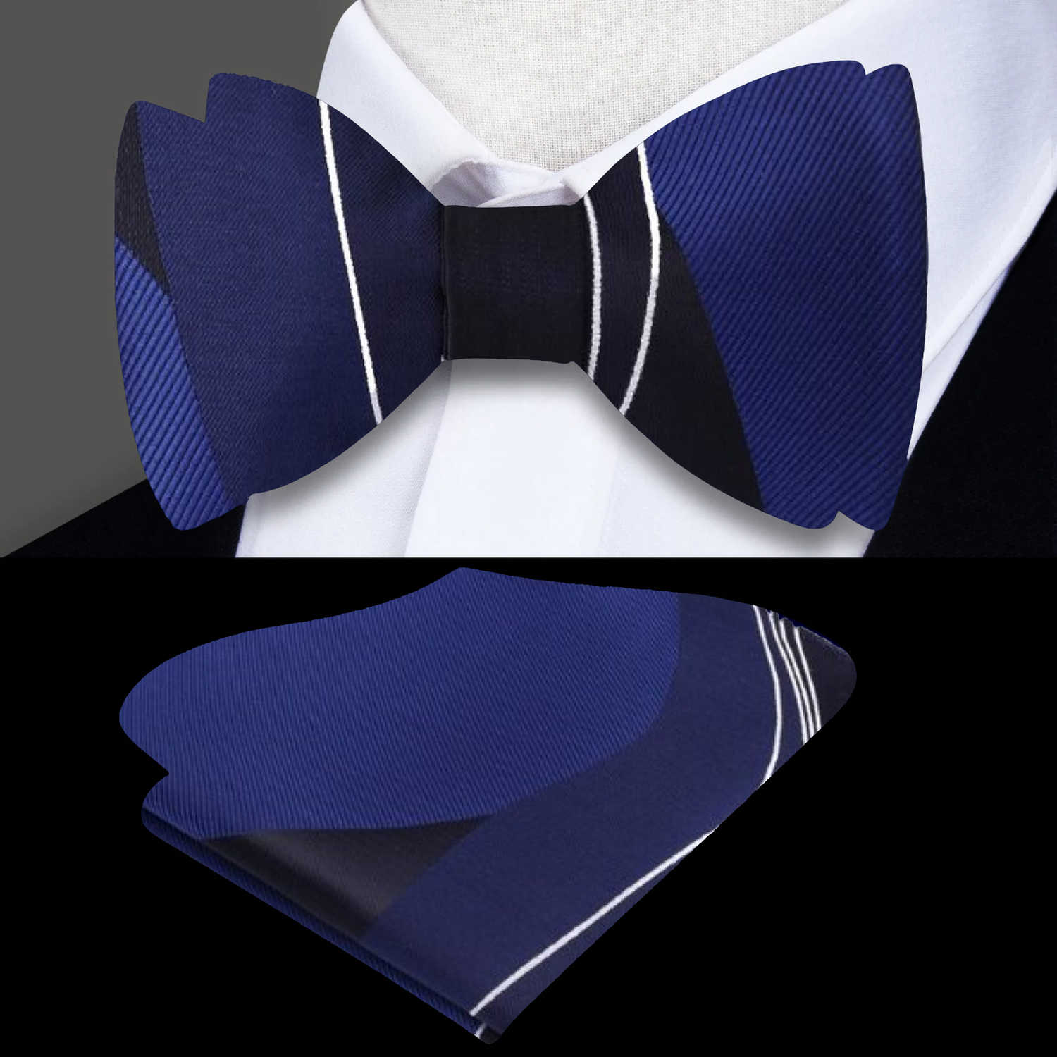 Main: A Blue, White Abstract Pattern Silk Self Tie Bow Tie With Matching Pocket Square||Blue, Dark Blue, White