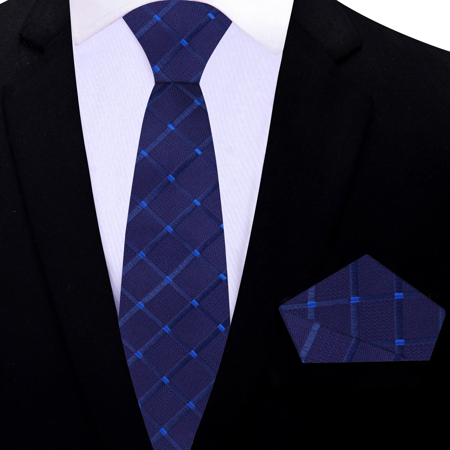 Thin Tie: Blue Necktie with a Geometric Texture and Matching Square