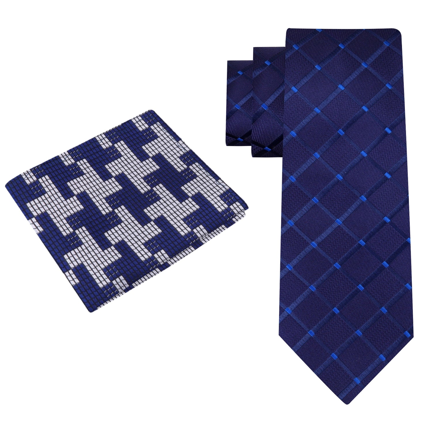 Alt View: Blue Necktie with a Geometric Texture and Blue, Grey Hounds Tooth Square