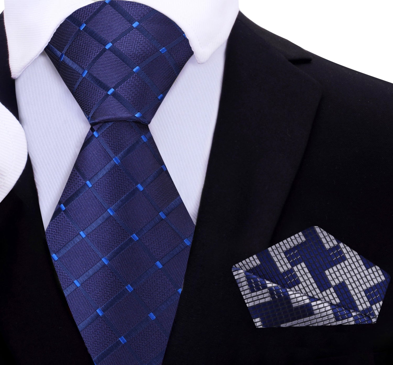 Blue Necktie with a Geometric Texture and Blue, Grey Hounds Tooth Square