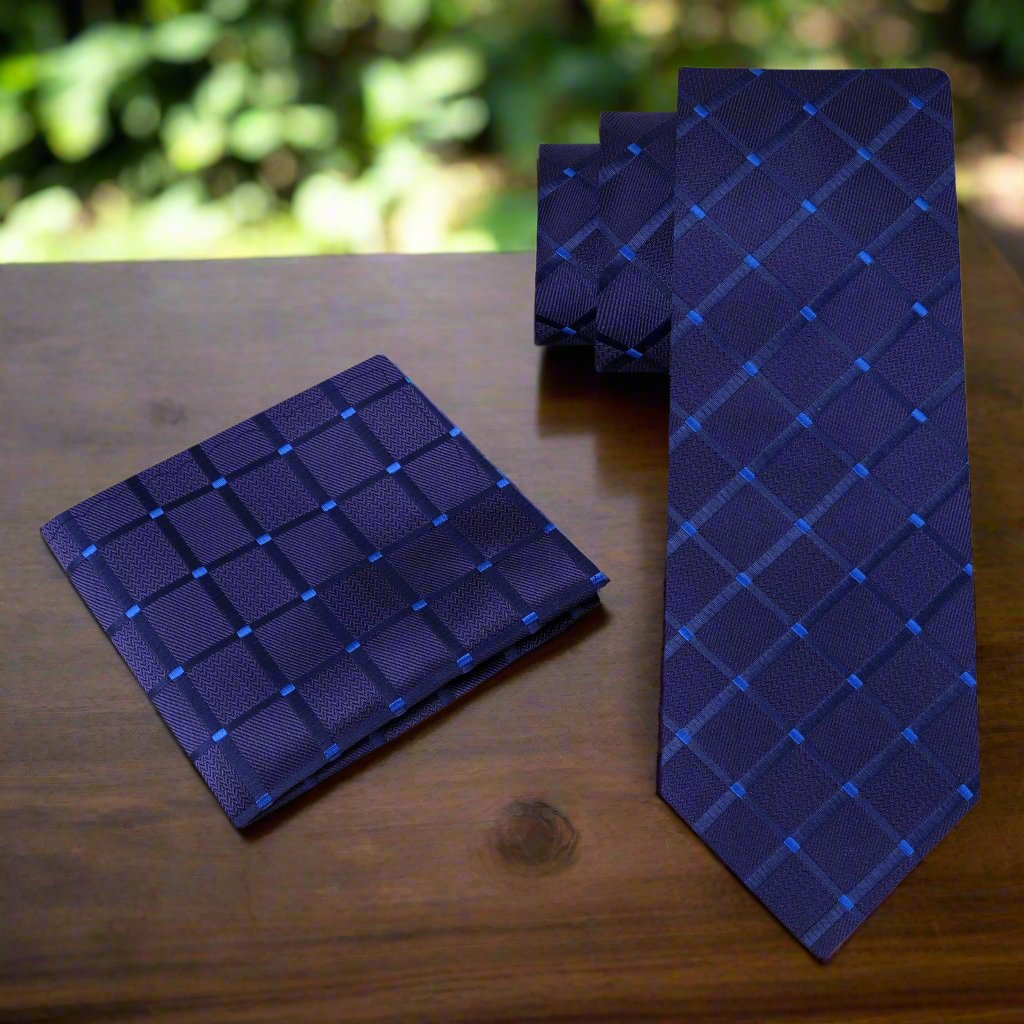 Alt View: Blue Necktie with a Geometric Texture and Matching Square