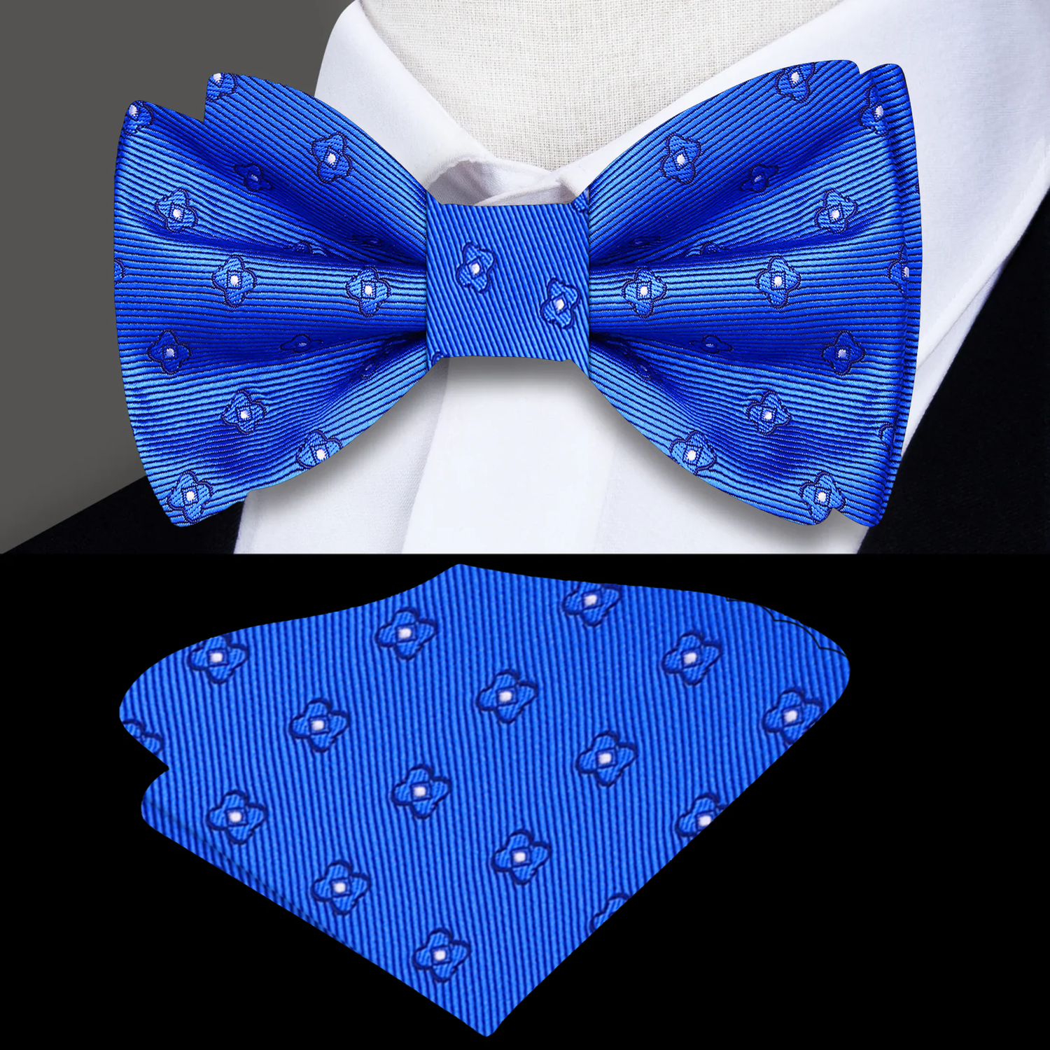 Blue bow tie and matching pocket square with floral pattern on a black background