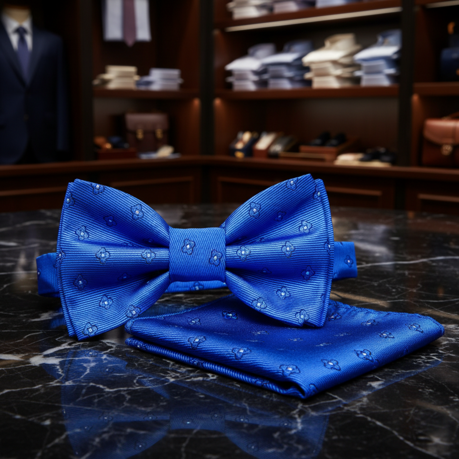 A royal blue silk bow tie and matching pocket square set with a small white geometric pattern, displayed on a dark marble surface with a blurred luxury clothing store background.