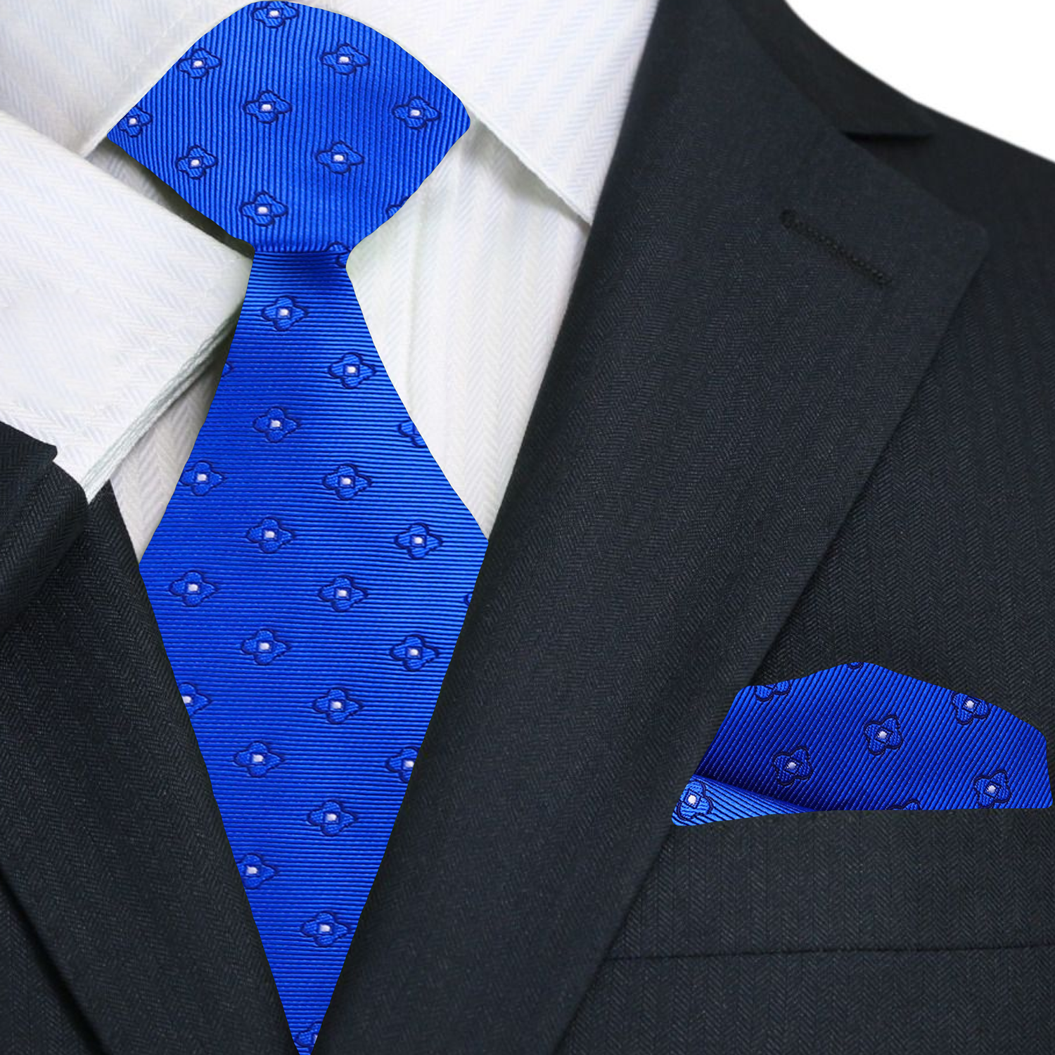 Blue tie and pocket square set with a black suit jacket