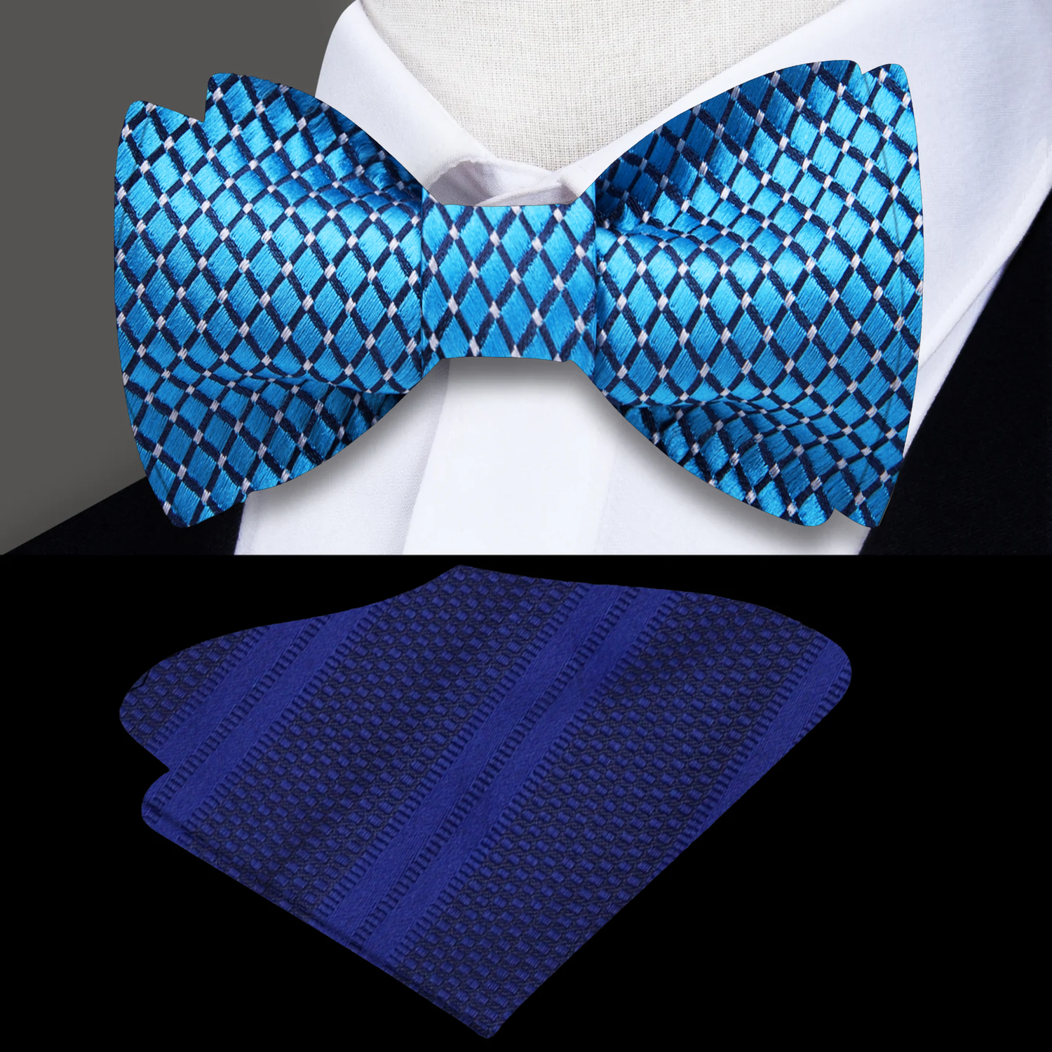 A Light Blue, White Small Geometric Diamond With Small Dots Pattern Silk Self Tie Bow Tie With Pocket Square