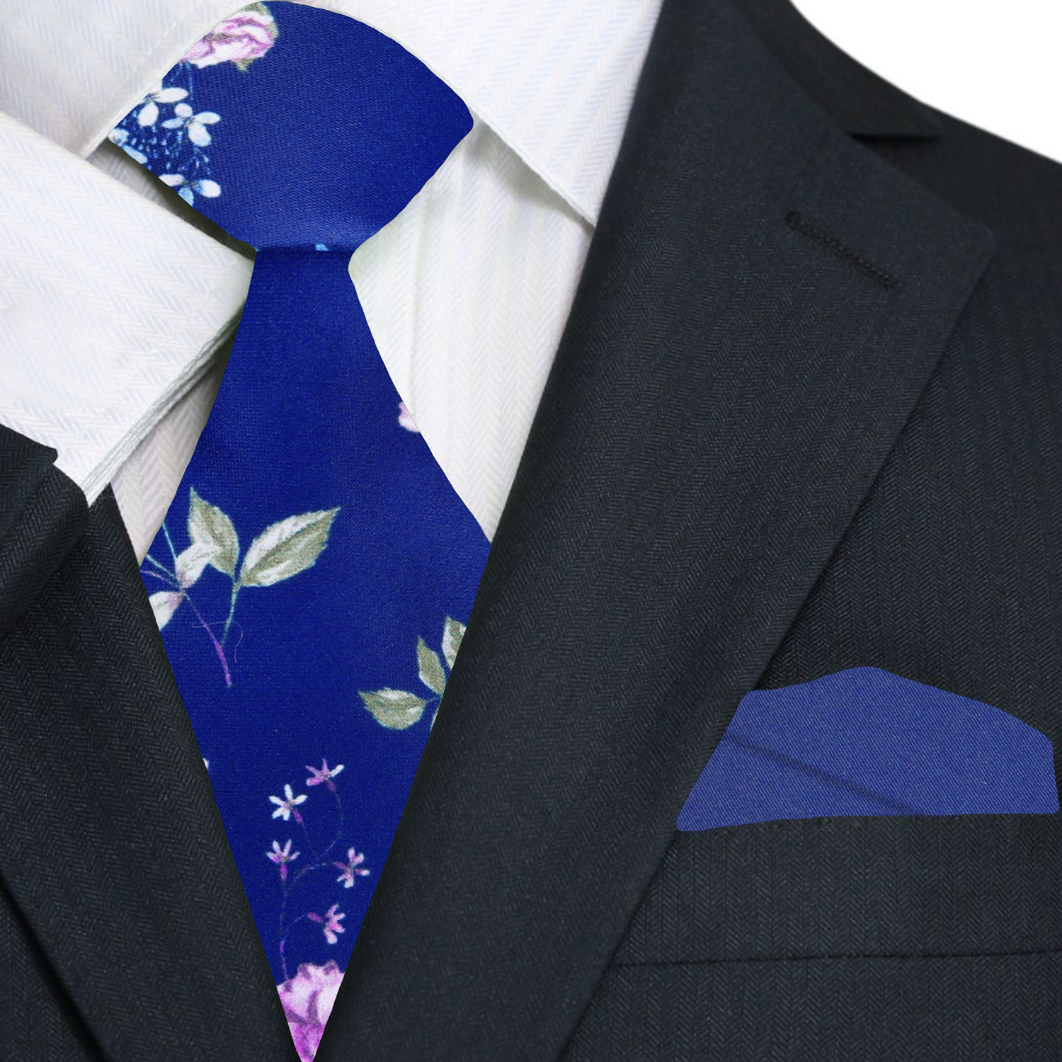 Blue, Green, White Flowers Necktie and Accenting Blue Square