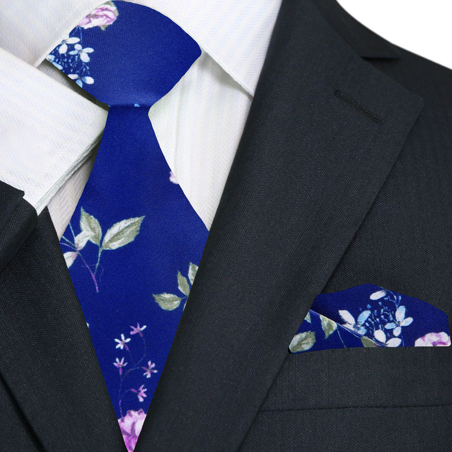 Premium Blue, Green, White Flowers Necktie and Matching Square