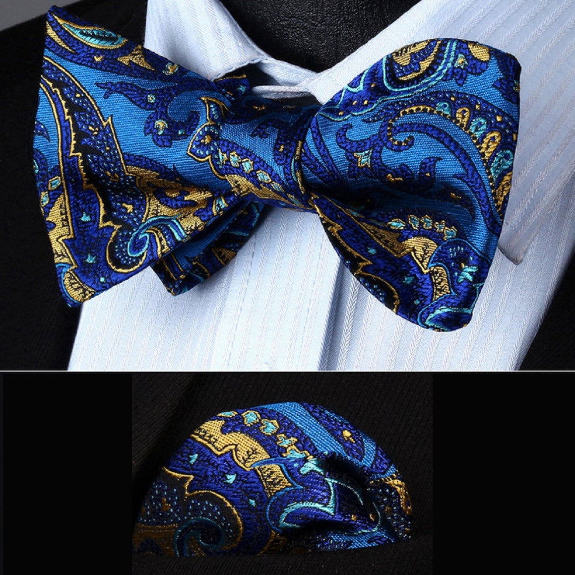 A Blue, Yellow Detailed Paisley Pattern Silk Self Tie Bow Tie, Matching Pocket Square