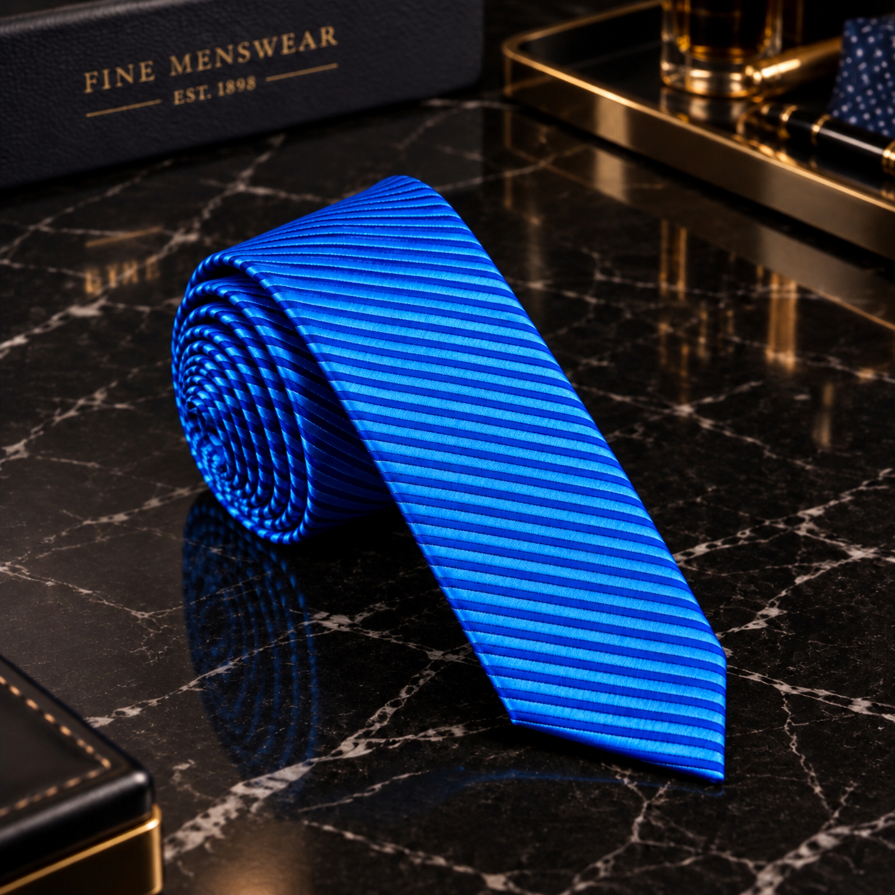 A bright blue striped necktie with a textured pattern, displayed on a black marble surface next to its dark branded box.