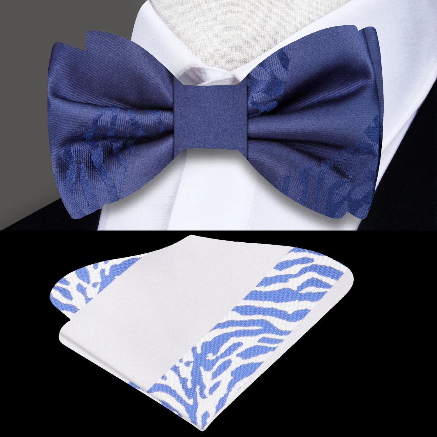 Blue, White Tiger Strength Bow Tie and Pocket Square