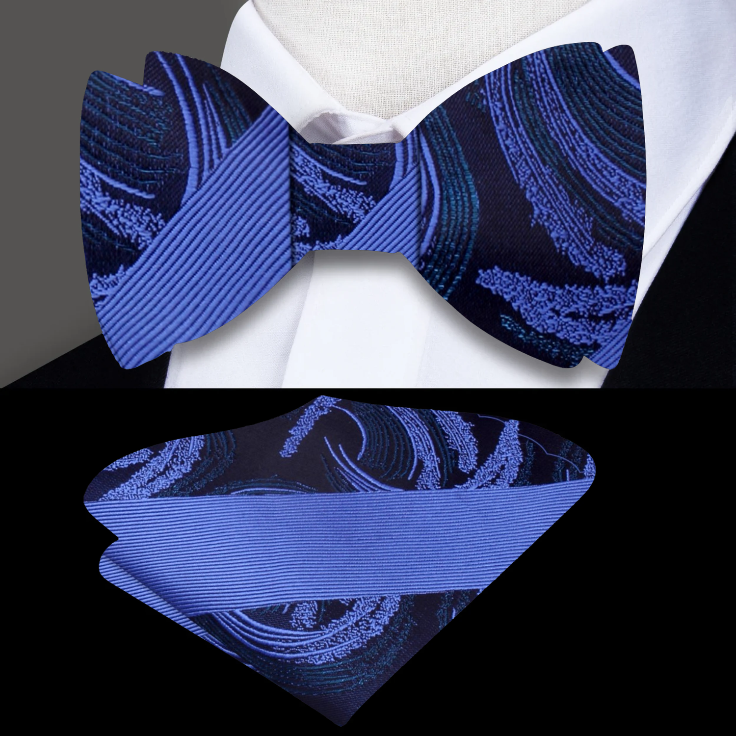 A Blue Abstract Swirl with Thick Stripe Pattern Silk Self Tie Bow Tie, Matching Pocket Square
