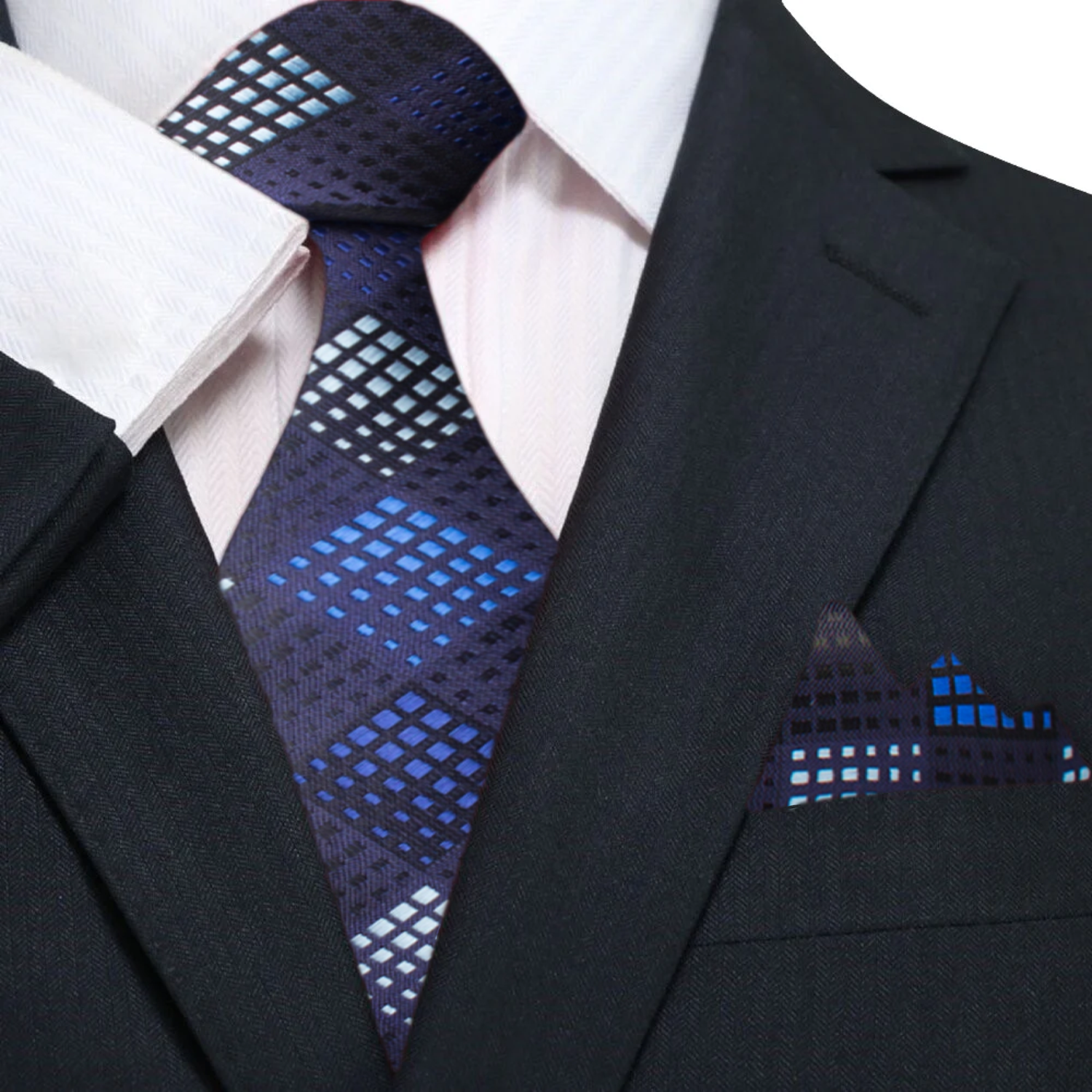 Main: A Dark Blue, Blue, Grey Geometric Diamond Pattern Silk Necktie, Matching Pocket Square