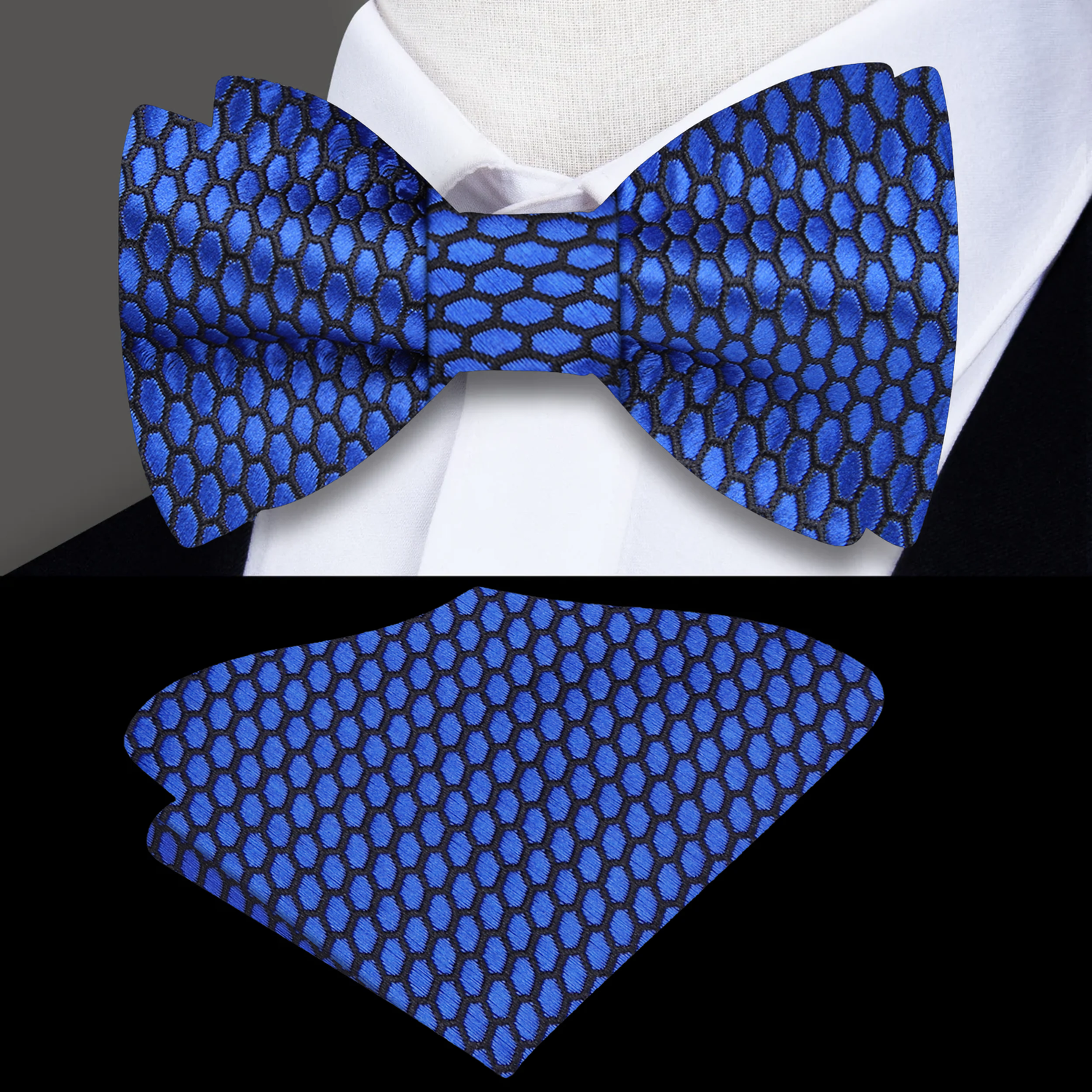 Blue, Black Geometric Bow Tie and Pocket Square