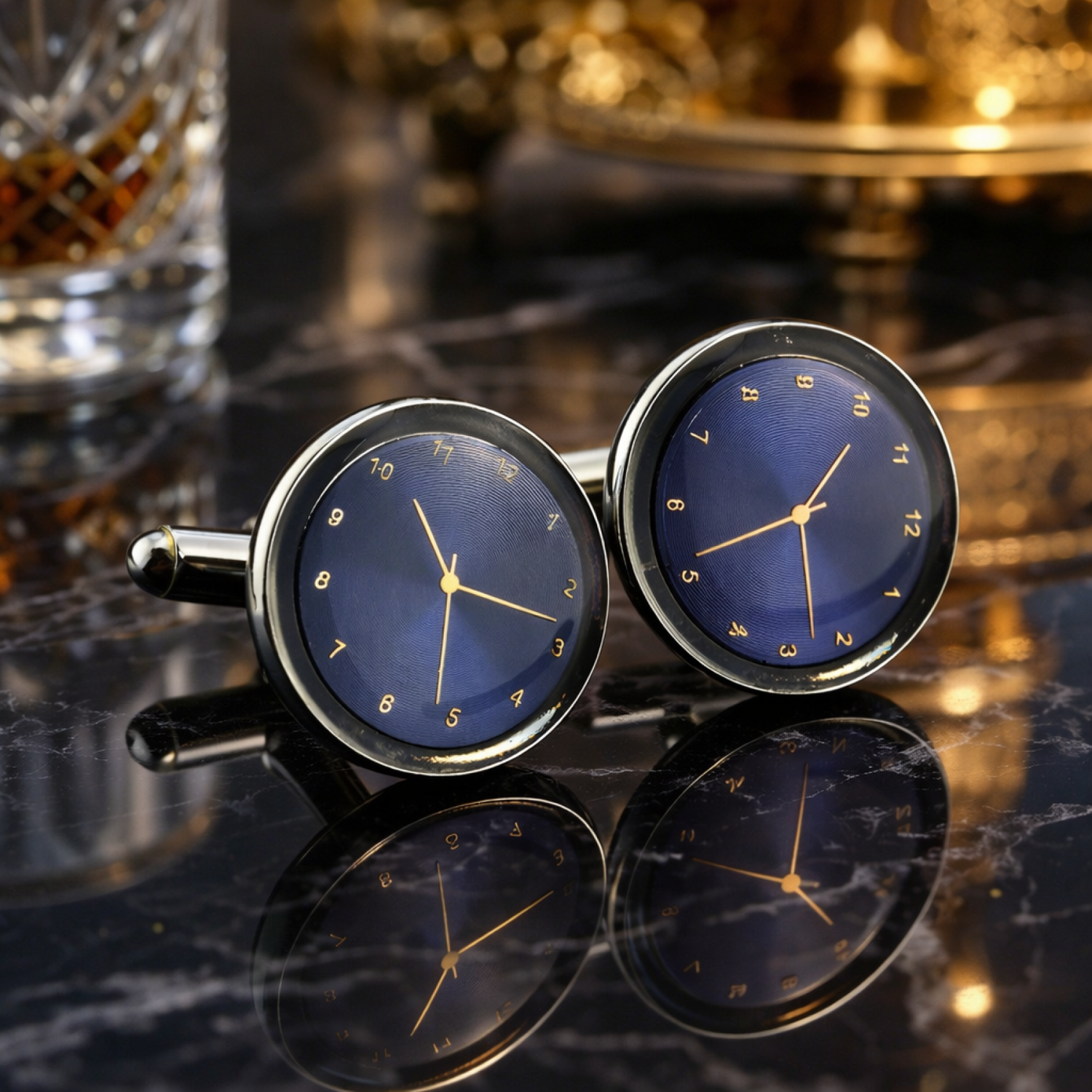 A Blue, Chrome Color Circle Shaped Watch Cuff-links