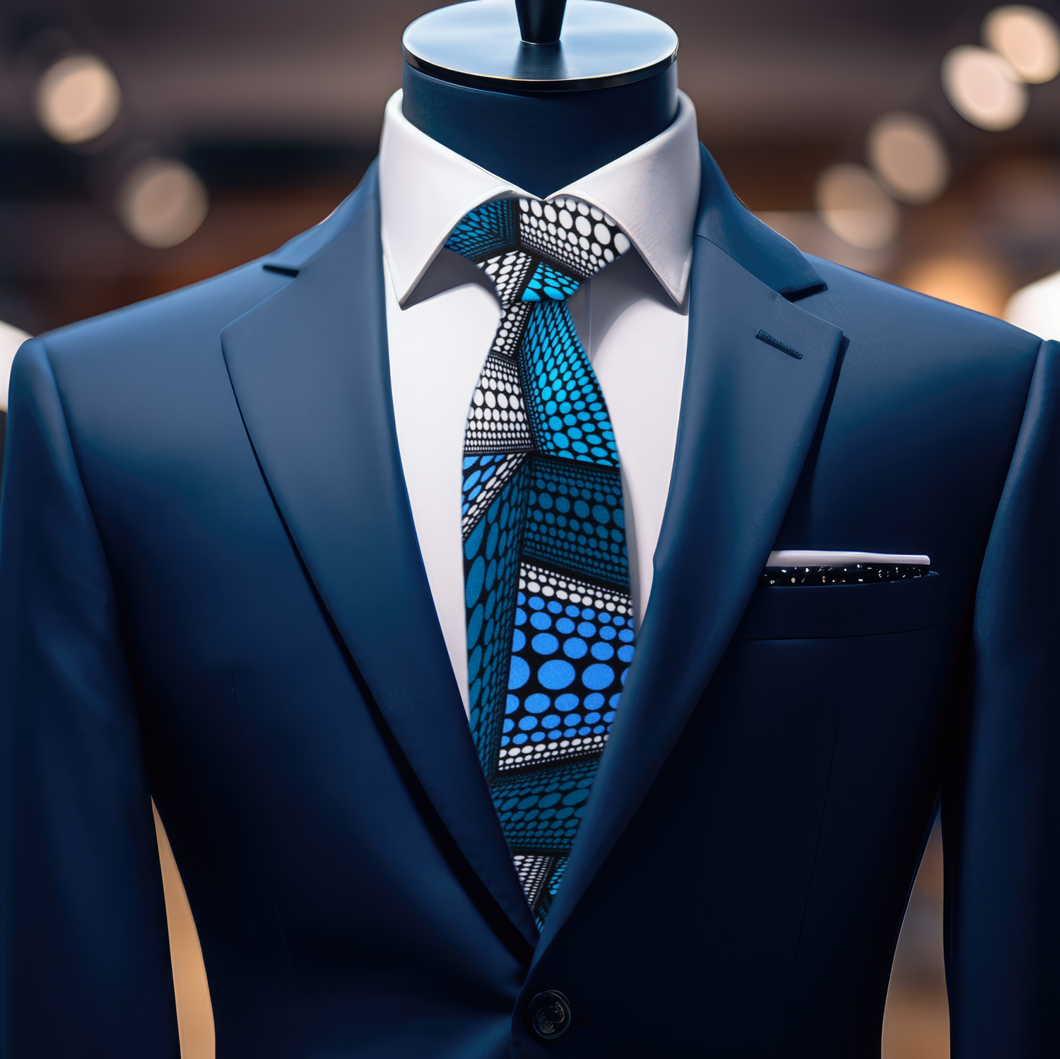 An Abstract Blue and White Necktie on A Mannequin Wearing A Blue Suit