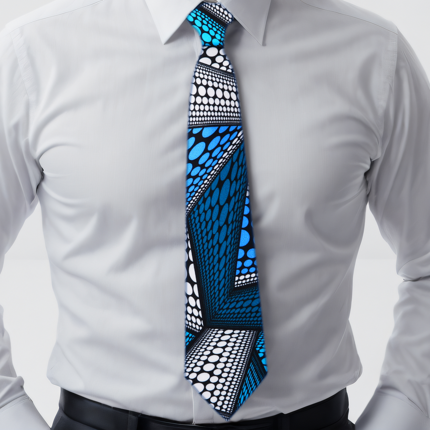 An Abstract Blue and White Necktie and Light Blue Square on White Shirt 