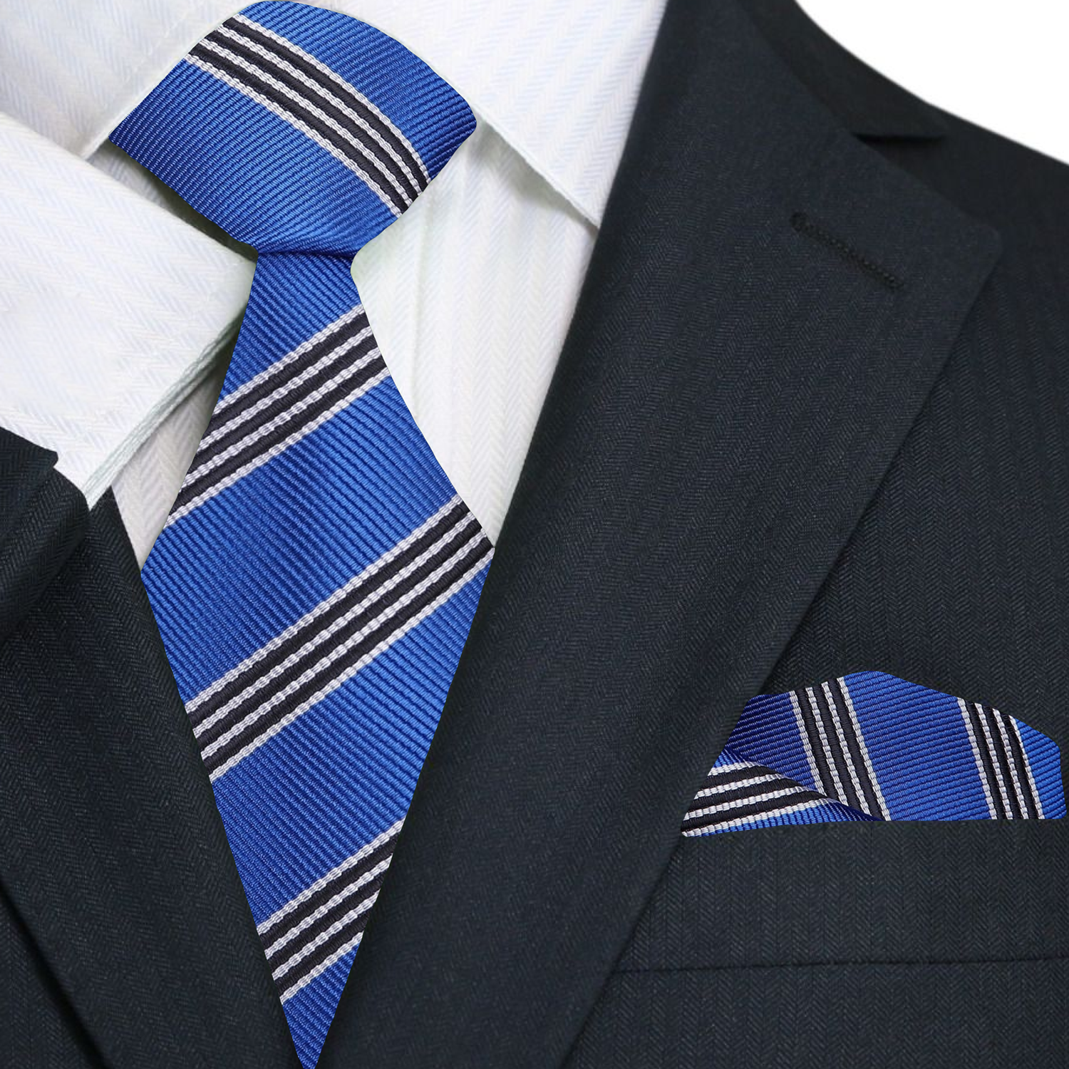 Premium A Blue, White, Black Stripe Pattern Silk Necktie, Matching Pocket Square