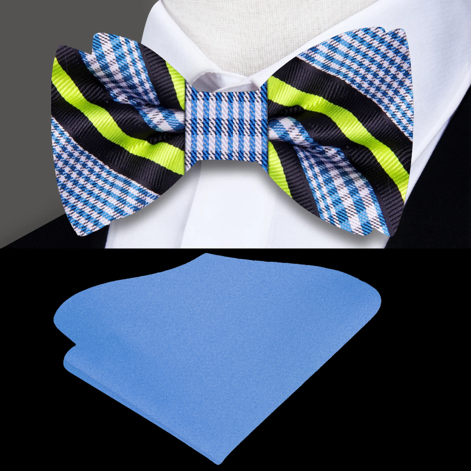 White, Blue Plaid Stripe Bow Tie and Blue Pocket Square