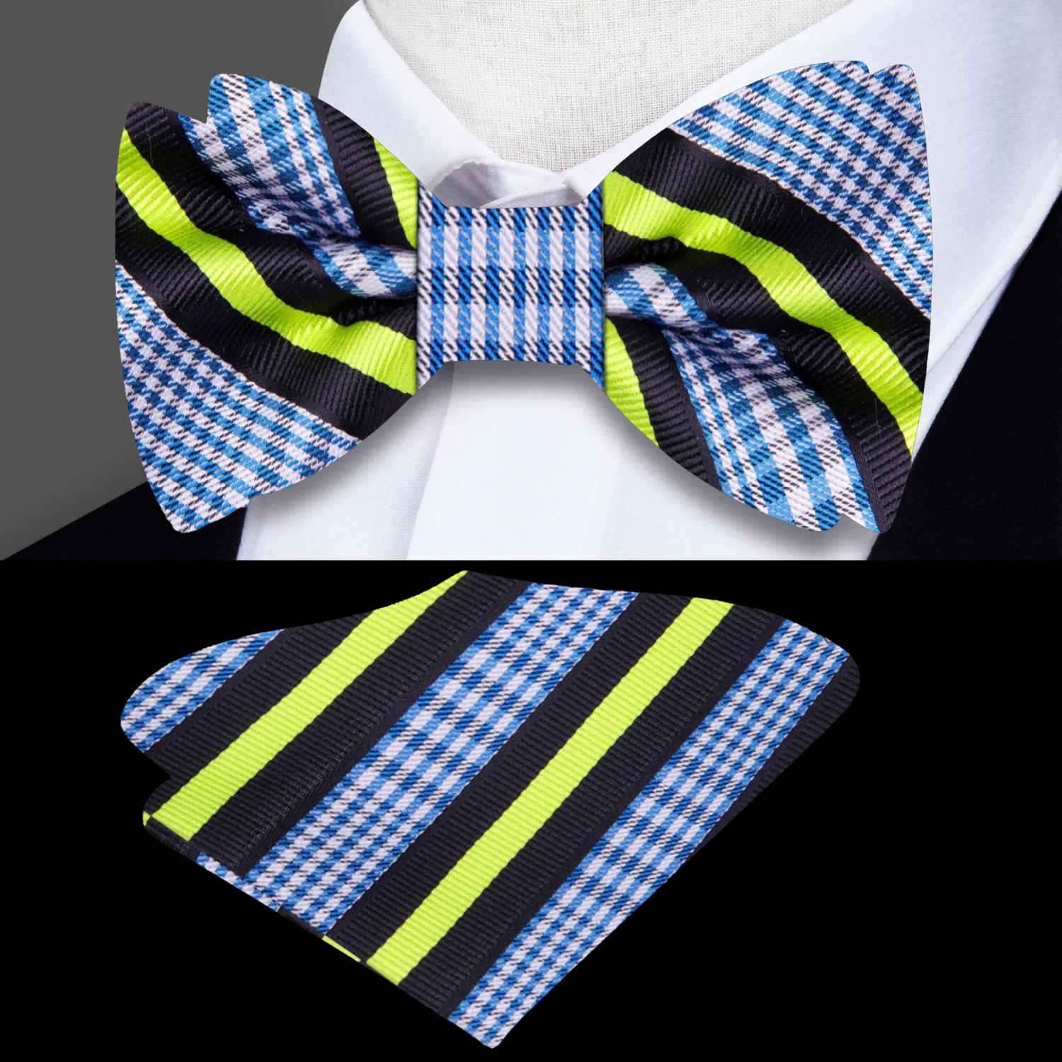 White, Blue Plaid Stripe Bow Tie and Pocket Square