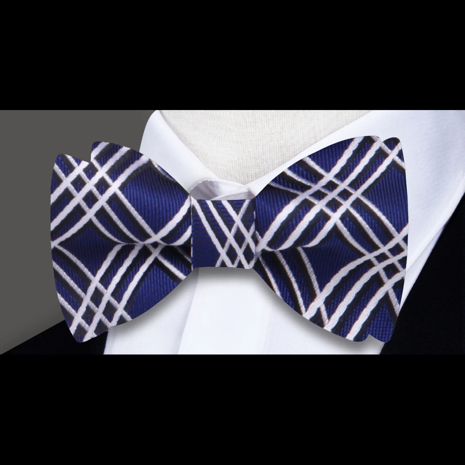 A Blue, White Geometric Plaid Pattern Silk Self Tie Bow Tie, 