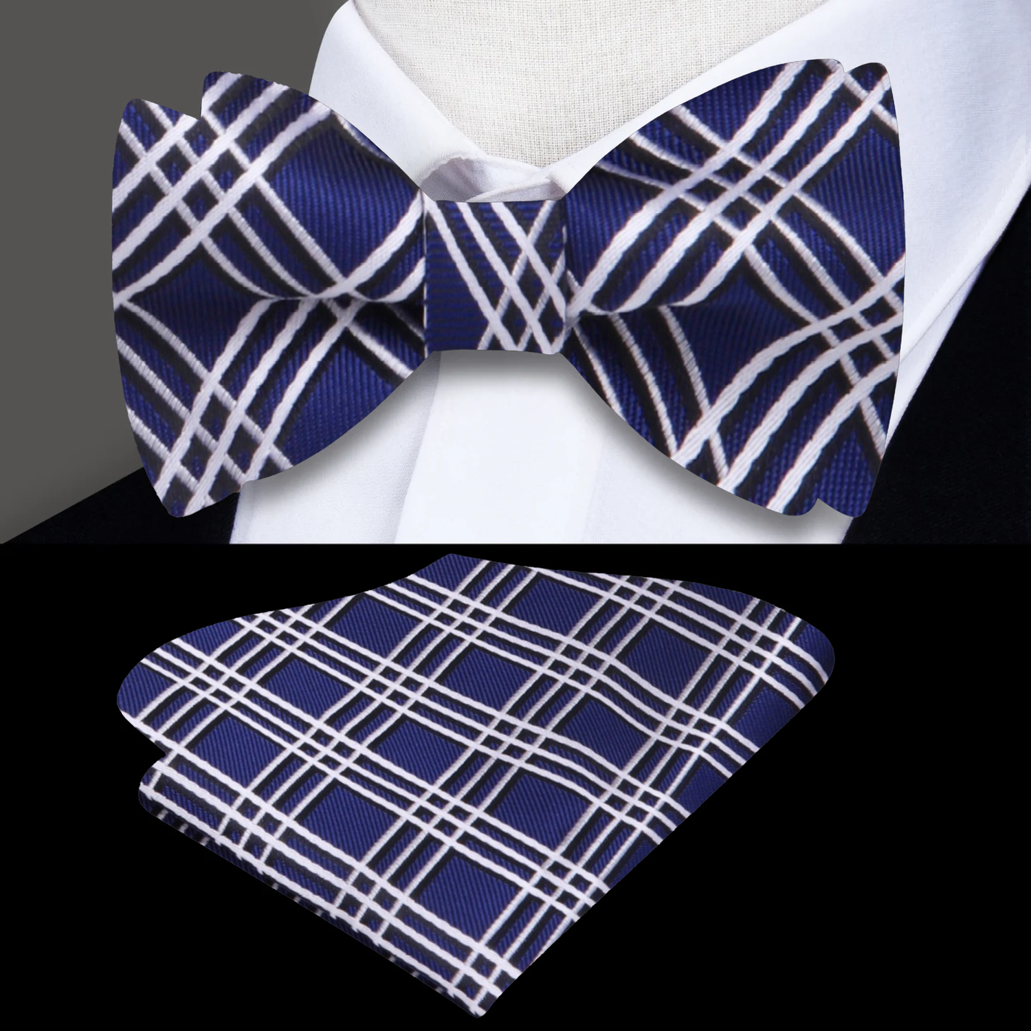 A Blue, White Geometric Plaid Pattern Silk Self Tie Bow Tie, Matching Pocket Square