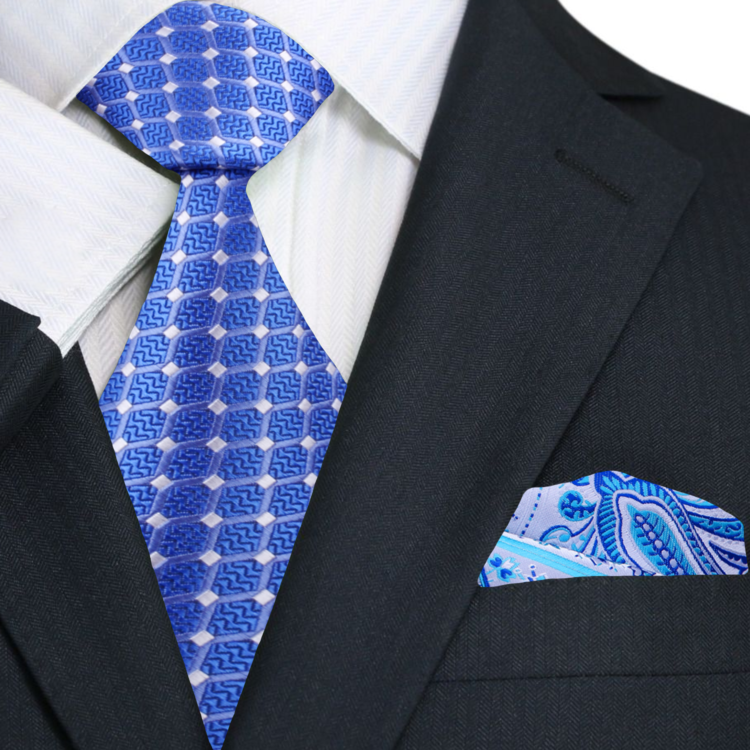 Blue White Check Interlock Aristotle Necktie and Accenting Square 