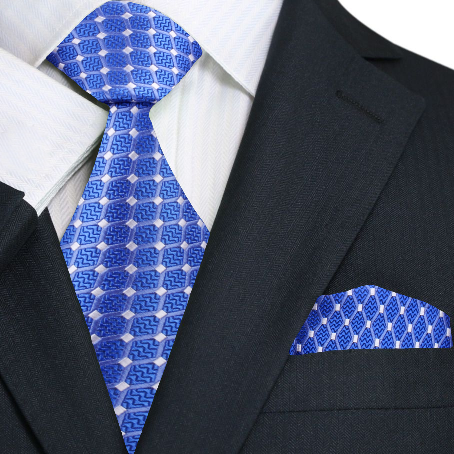 Blue White Check Interlock Aristotle Necktie and Matching Square 