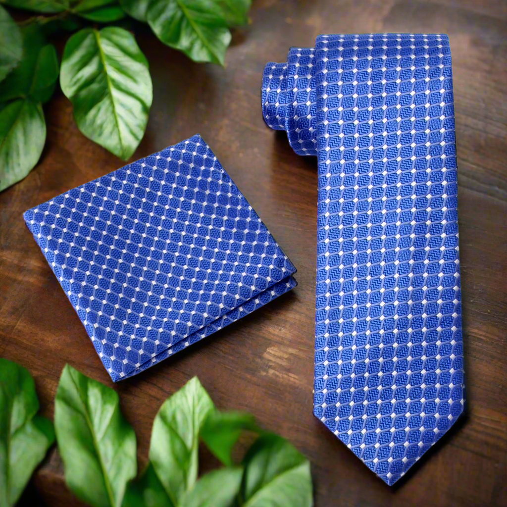 Alt Blue White Check Interlock Aristotle Necktie and Matching Square 