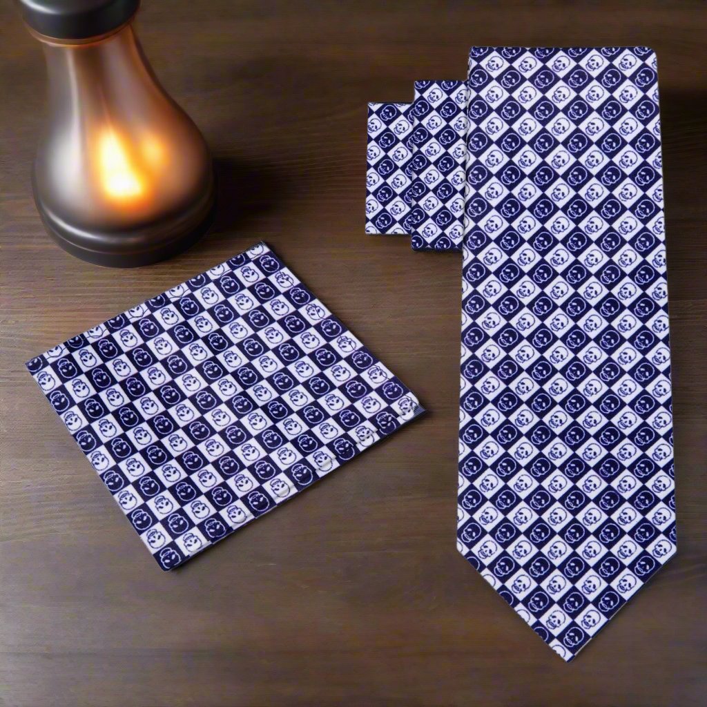 Alt View: Blue White Checkered Skull Tie and Pocket Square