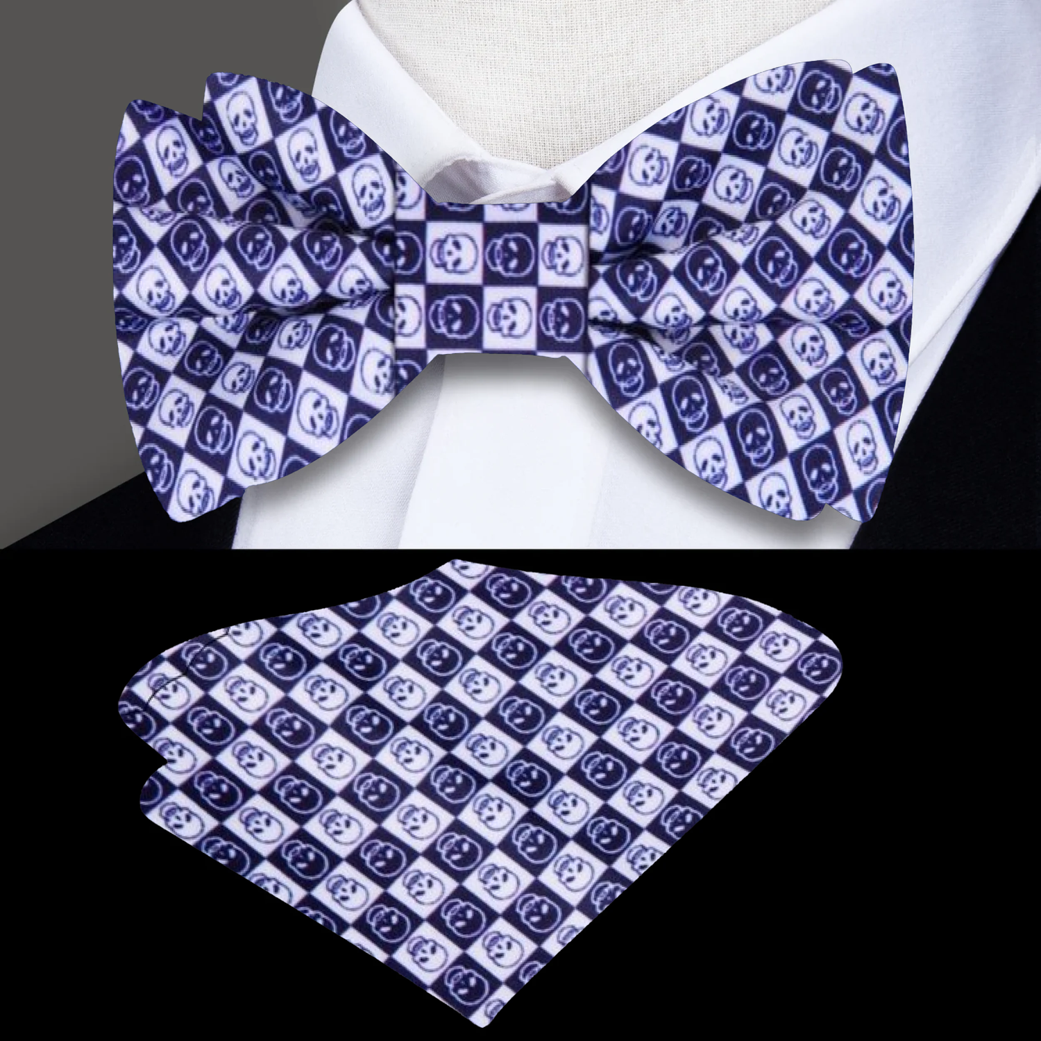 Blue, White Checkered Skull Bow Tie and Pocket Square||Blue