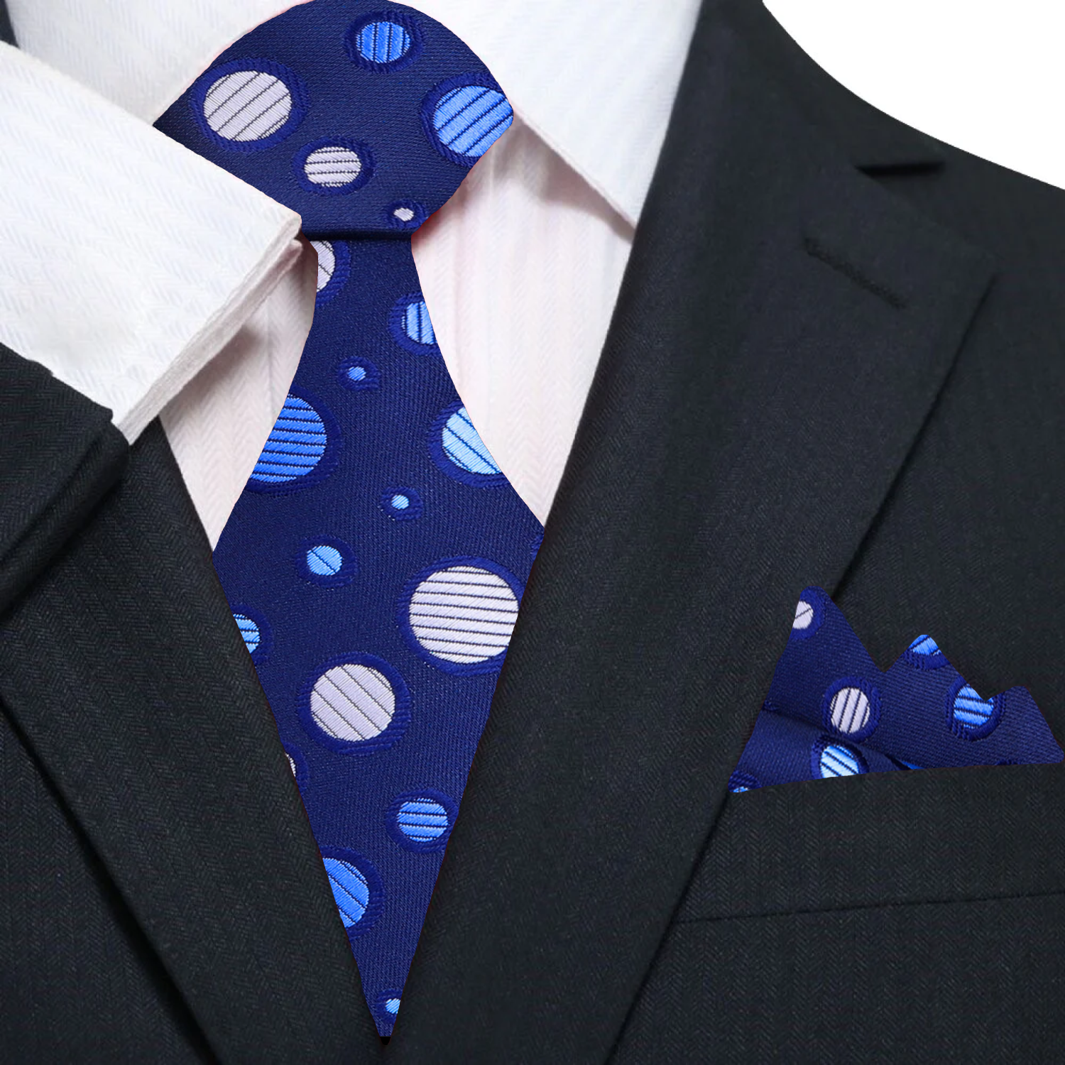 A Dark Blue, Blue, White Polka Dot Pattern Silk Necktie, Matching Pocket Square