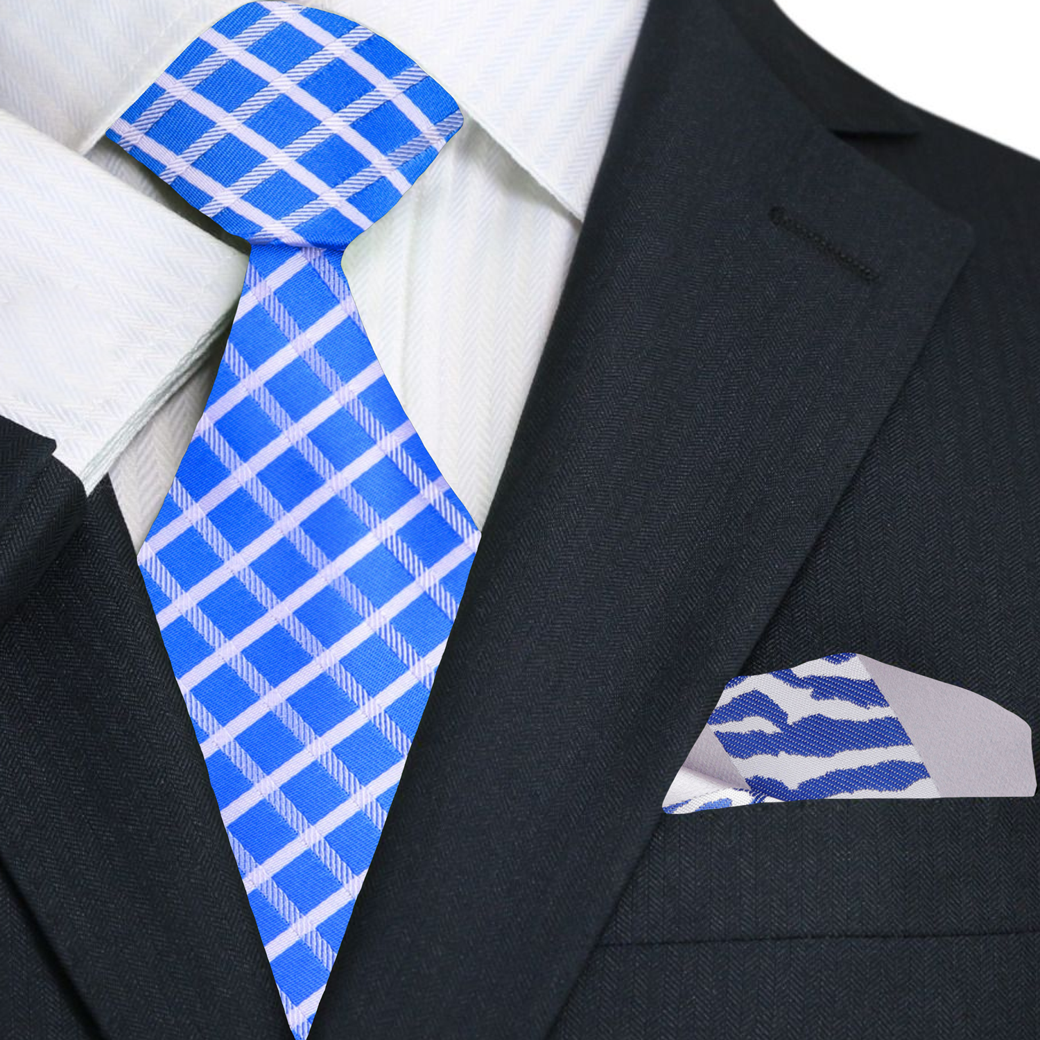 Main Blue, White Geometric Tie and Accenting Pocket Square