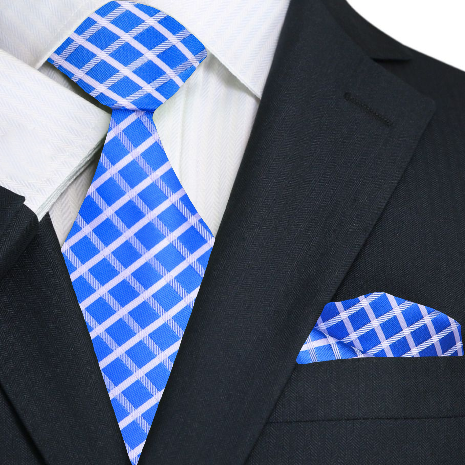 Blue, White Geometric Tie and Pocket Square