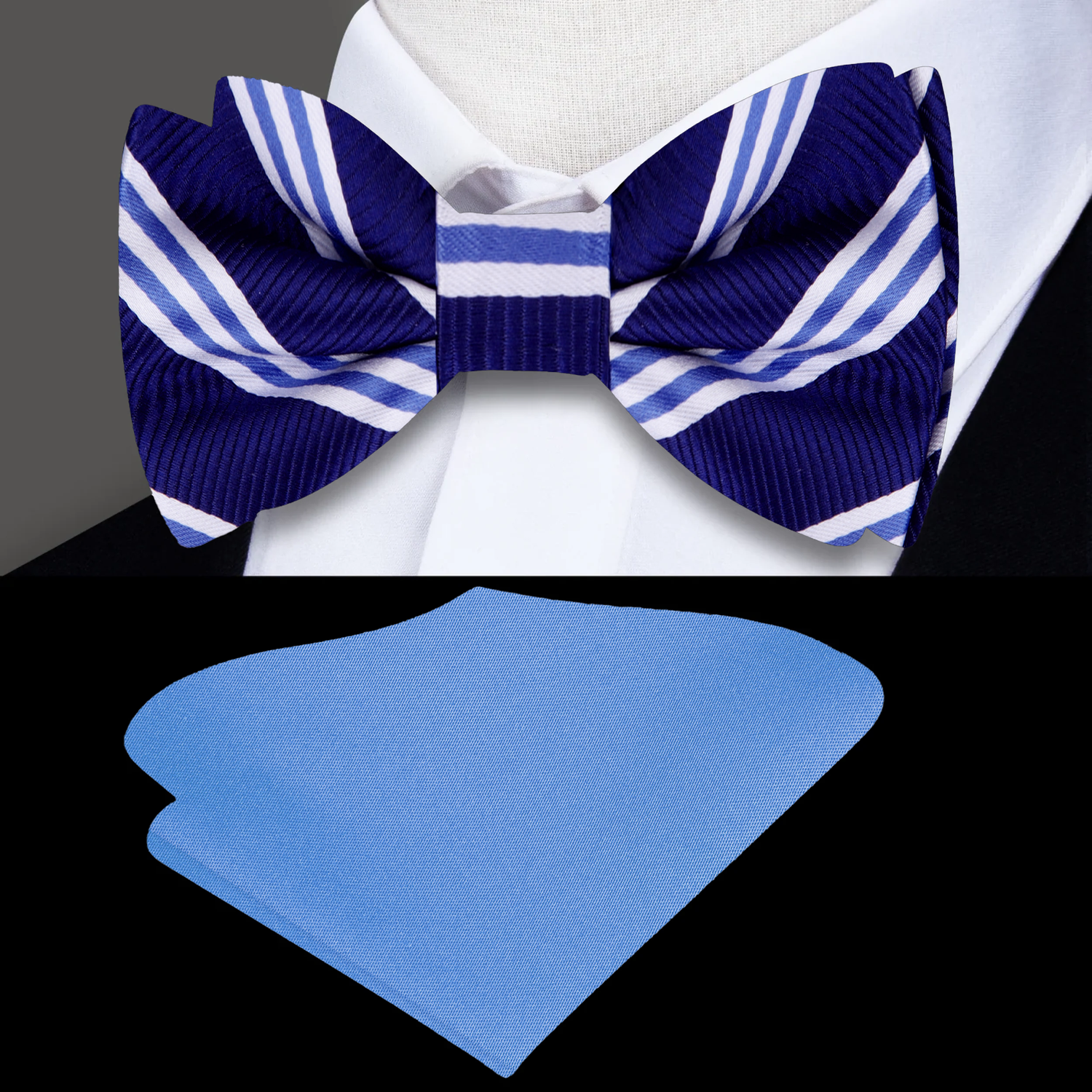 Blue, White Stripe Bow Tie and Blue Square||Blue