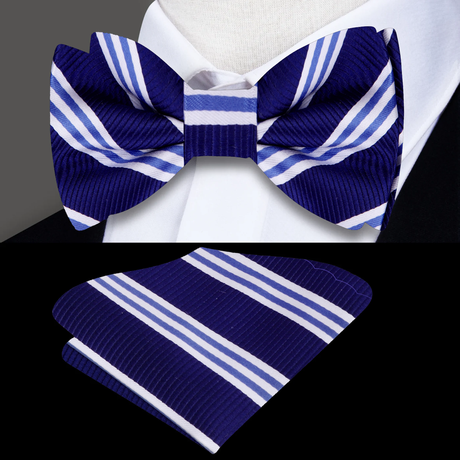 Blue, White Stripe Bow Tie and Square||Blue