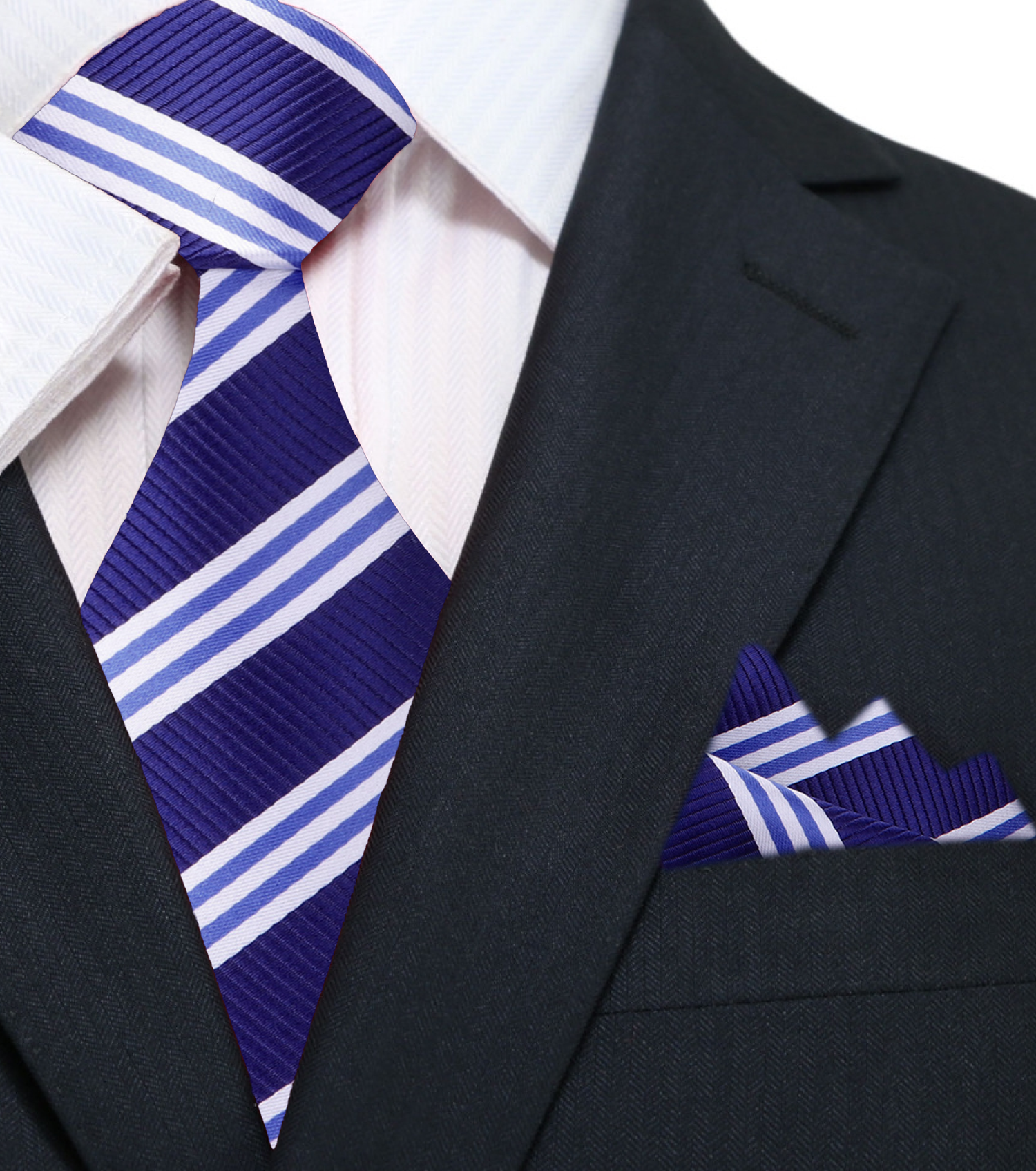 Main: A Blue, Light Blue, White Stripe Pattern Silk Necktie, Matching Pocket Square||Blue with Light Blue, White